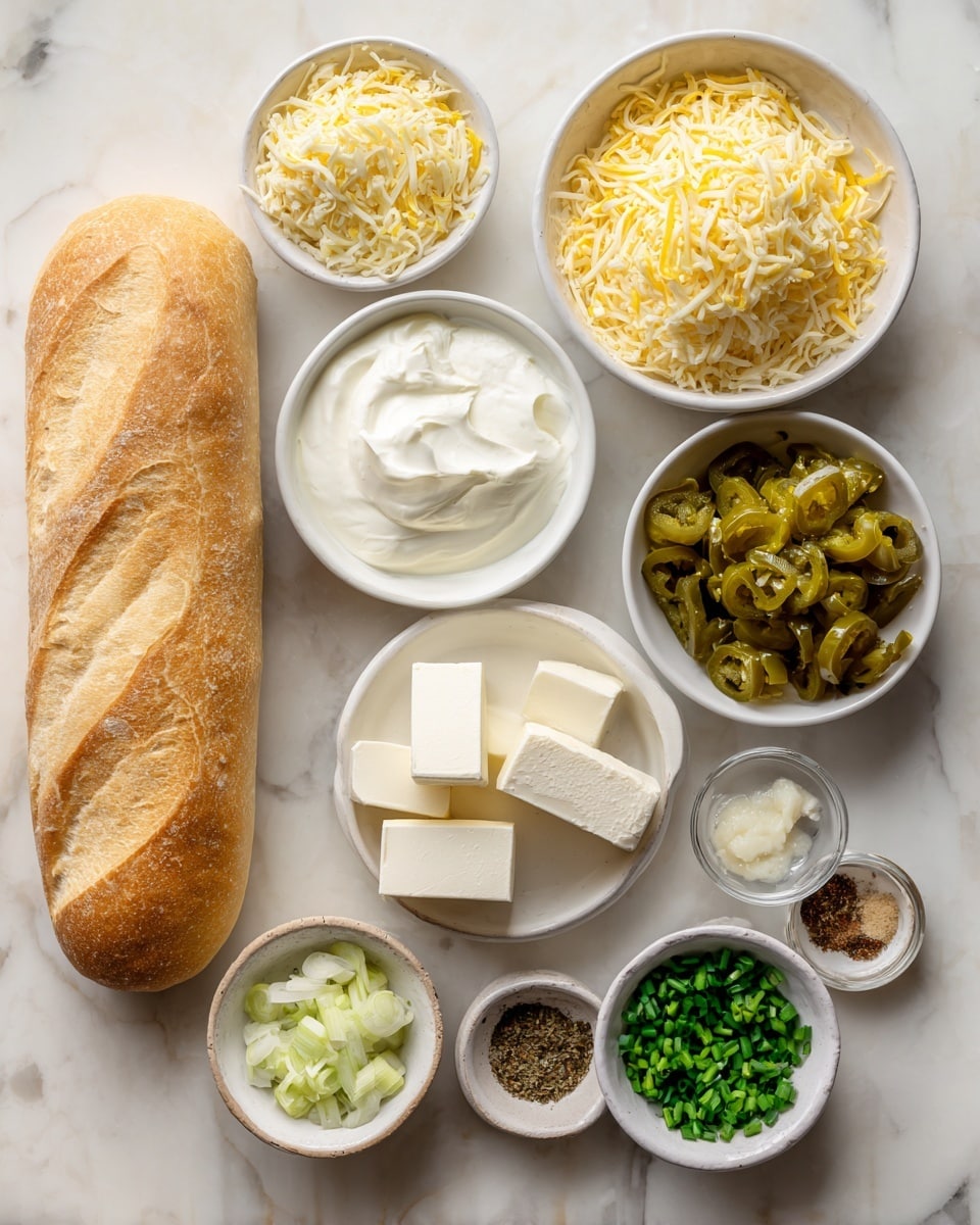 The image shows ingredients for a dish laid out on a white marbled surface. There is a long loaf of bread placed on the left side. Around the bread, there are several small white bowls, each filled with different ingredients: shredded yellow cheese in two bowls, thick creamy white sour cream, crispy brown bacon pieces, fresh green jalapeno pieces, chopped green onion slices, light green pickled jalapenos, white cream cheese blocks in a bowl, finely minced garlic, and a tiny bowl of spices with a few light-colored powders. A small bowl filled with chopped fresh green chives is also visible. The colors include shades of yellow, green, white, and brown with varying textures from creamy to crunchy. Photo taken with an iphone --ar 4:5 --v 7