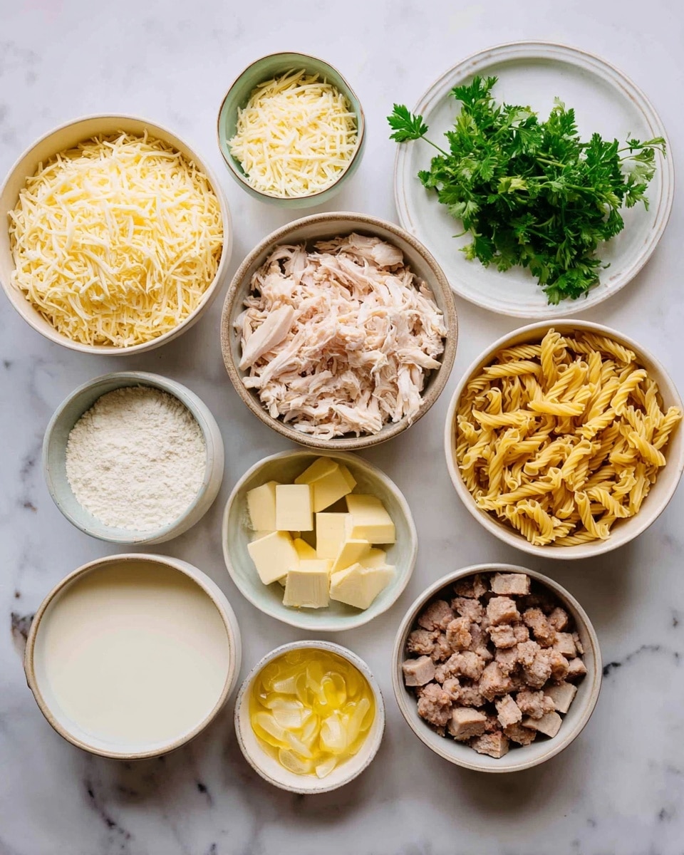 This image shows many white bowls arranged on a white marbled surface, each bowl holding a different ingredient. There are three bowls with shredded pale yellow cheese, one bowl with cooked shredded chicken, one bowl with small cubes of cooked meat, one bowl with uncooked fusilli pasta, one bowl with white flour, one bowl with milk, one small bowl with yellow butter cubes, one small bowl with minced garlic, and one small bowl with a yellow sauce. A small bunch of fresh green parsley is placed on a small white plate near the top right. The colors include pale yellow browns, creamy whites, and fresh green from the parsley. Photo taken with an iphone --ar 4:5 --v 7