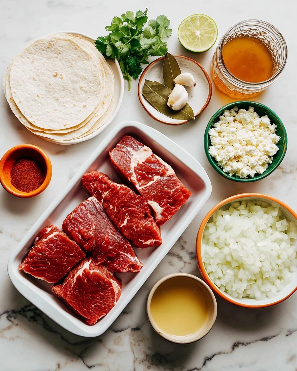The image shows a white rectangular dish in the center holding five raw red meat pieces, each piece thick with some white fat marbled around edges. To the left, there is a white round plate with three white tortillas stacked, small bunch of green cilantro, a wedge of lime, a small green bowl filled with white crumbly cheese, and a small orange bowl with finely chopped white onions. Above the meat dish, there is a small white plate with peeled garlic cloves and two bay leaves. Next to it, a small white bowl holds a light yellow liquid, and beside that a tiny white bowl contains a dark paste or sauce. On the top right beside the meat dish, there is another small white bowl with red chili powder, and a glass jar filled with a light brown liquid or broth. To the far right, there is a white bowl filled with more chopped white onions. The whole setup is placed on a white marbled surface. Photo taken with an iphone --ar 4:5 --v 7