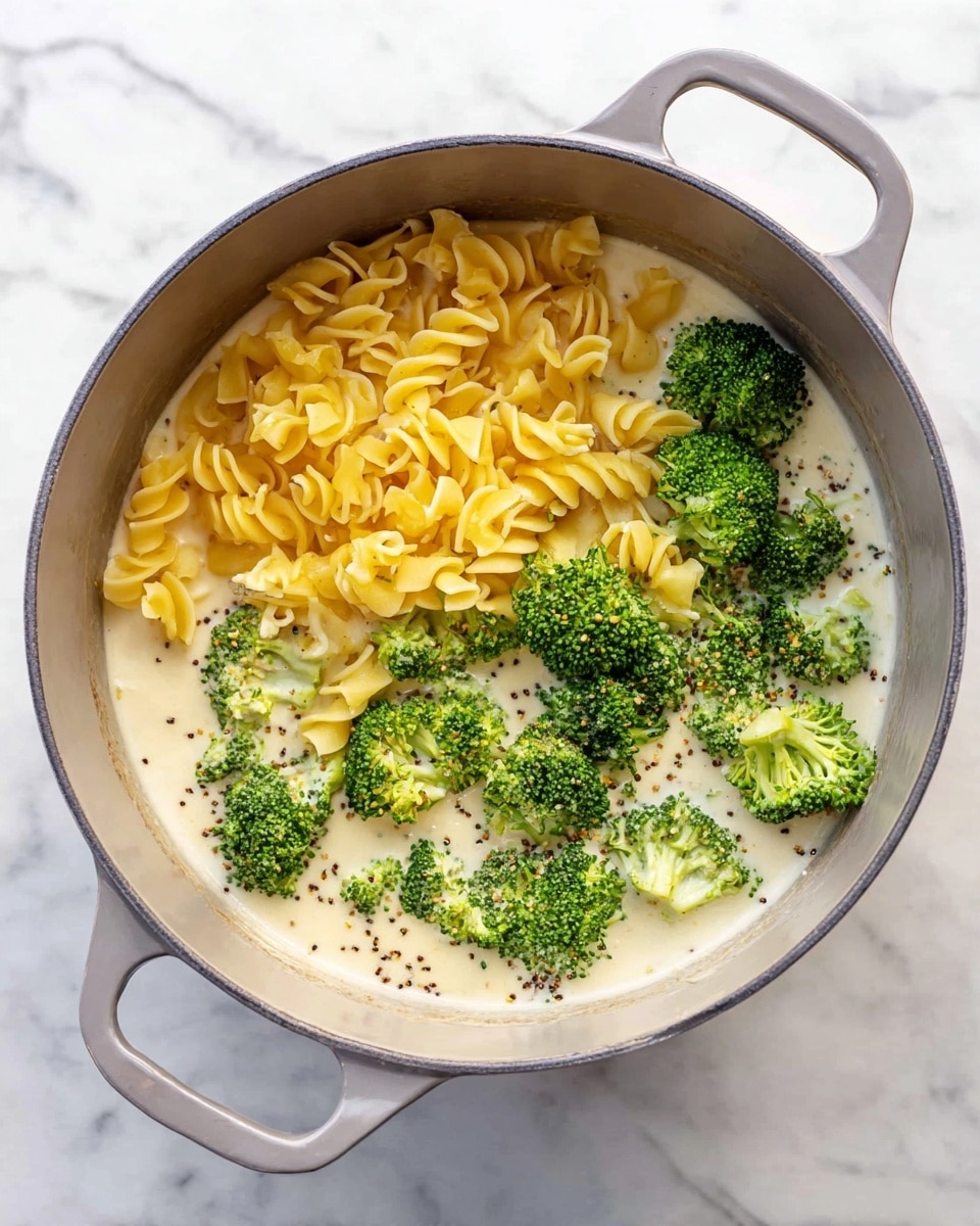 A light grey pot with two handles holds a creamy white sauce filling the bottom half, scattered with small dark seeds for texture. On one side, bright green broccoli florets sit partly in the sauce, and in the center, twisted yellow pasta pieces rest on top of the sauce. The pot is placed on a white marbled surface. photo taken with an iphone --ar 4:5 --v 7