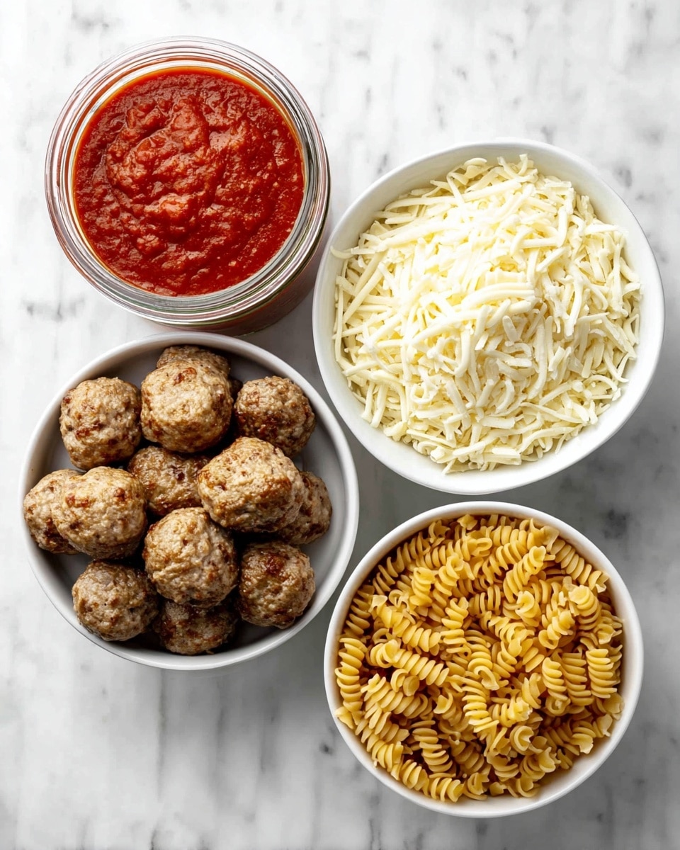 The image shows four containers on a white marbled surface. At the top left is a clear glass jar filled with thick red tomato sauce visible from the top. To the right of the jar is a white bowl full of thin, long shredded white cheese, piled high and loosely arranged. Below the cheese bowl, there is a white bowl filled with uncooked, yellow spiral pasta, tightly packed and filling the bowl. To the left of the pasta bowl is another white bowl filled with cooked meatballs that have a slightly browned and textured surface, stacked closely together. photo taken with an iphone --ar 4:5 --v 7