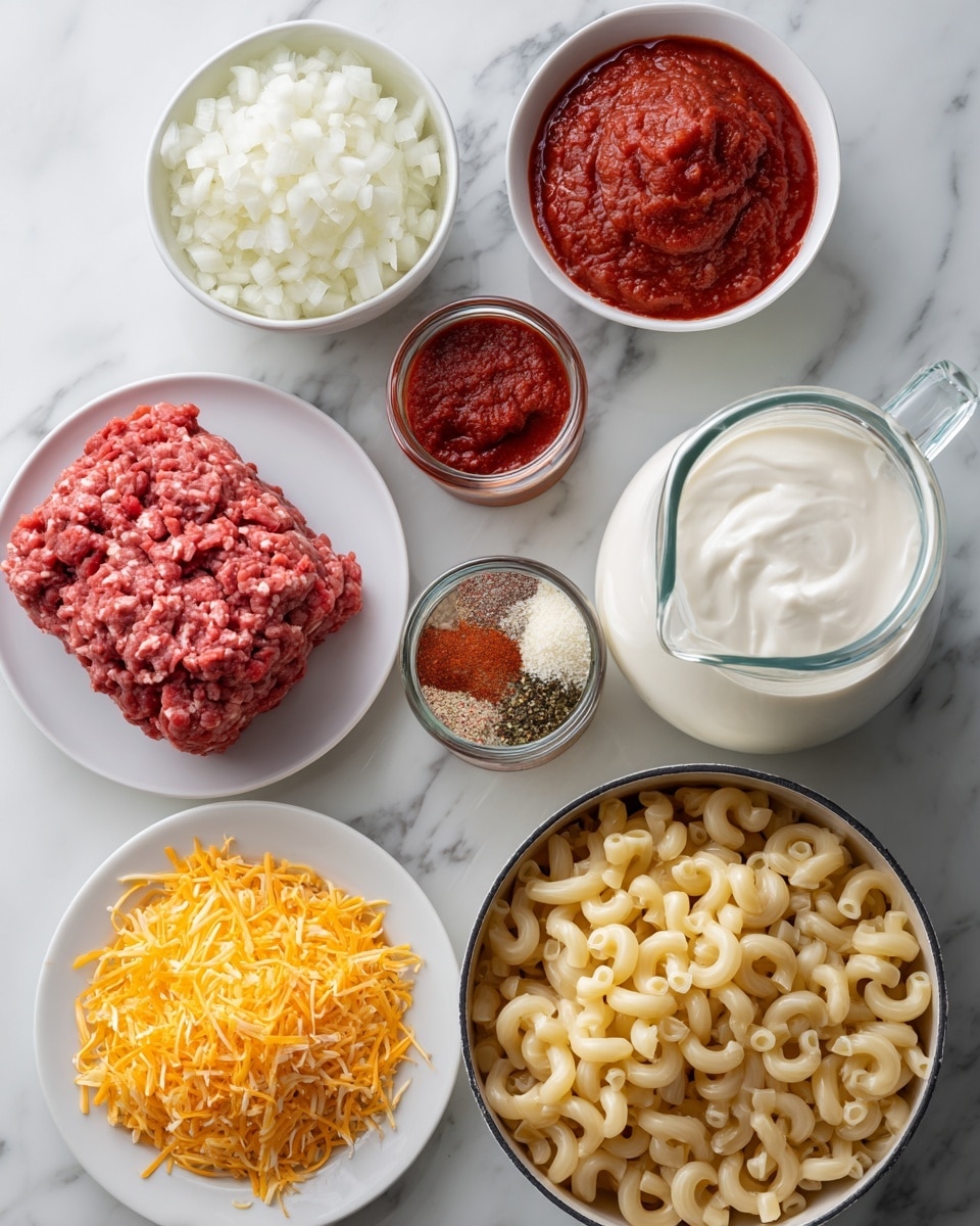 The image shows several bowls and a plate on a white marbled surface, each with different ingredients for cooking. Starting from the top left, there is a bowl filled with finely chopped white onion, next to it a small bowl holding thick, bright red tomato paste. Below these is another small bowl with a mix of minced garlic and ground spices, showing red, beige, and green tones. To the right, there is a clear glass pitcher filled with smooth, white heavy cream. Below the pitcher, a white bowl is heaped with shredded orange-yellow cheese. On the bottom left, a white plate contains a dense block of raw ground beef in a deep pink color with textured lines. Near the plate is a can holding dark red tomato sauce. Finally, lower right is a white pot filled with cooked elbow macaroni pasta, pale yellow and slightly shiny. All items are neatly arranged and clearly labeled. Photo taken with an iphone --ar 4:5 --v 7