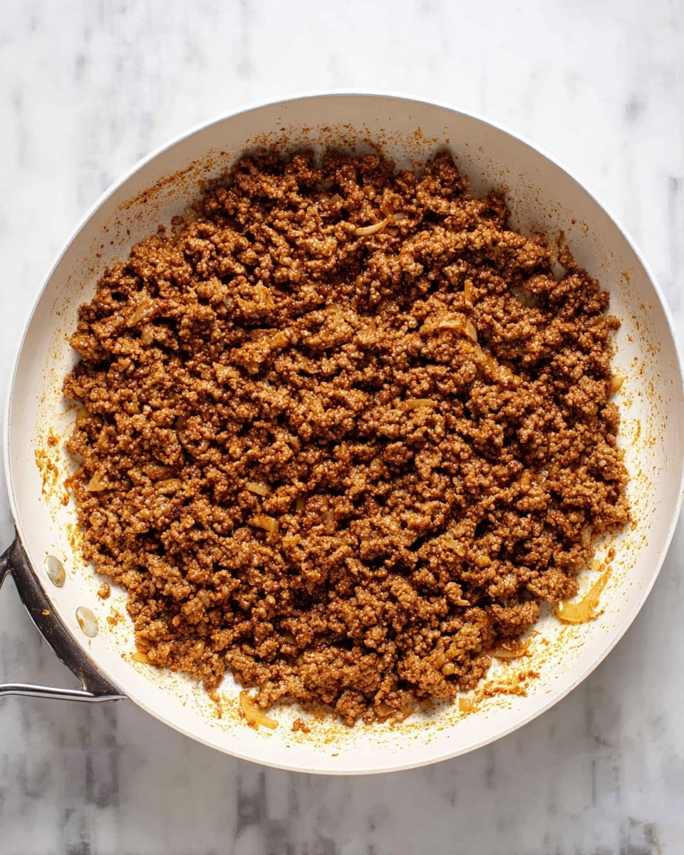 A white pan filled with cooked ground meat mixed with small pieces of softened onions, all evenly browned and coated with spices giving a rich brown color. The meat mixture covers the entire bottom of the pan, with some bits sticking slightly to the sides, showing a textured, crumbly appearance. The pan sits on a white marbled surface. Photo taken with an iphone --ar 4:5 --v 7