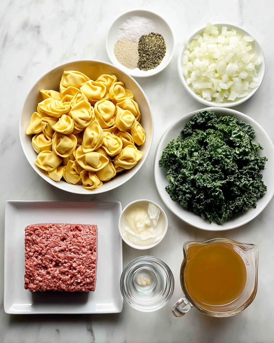 The image shows eight containers arranged on a white marbled surface. At the center, there is a white bowl filled with yellow tortellini pasta that looks soft and plump. To the lower left, a white plate holds a flat, rectangular block of raw ground meat that has a coarse, reddish texture. On the right side, there are two white bowls, one with finely chopped white onions and the other with dark green chopped kale, both looking fresh and crisp. Above the tortellini bowl, two small white bowls contain dry seasoning; one with a light flour-like powder and the other with a mix of green and brown dried herbs. Below the seasoning bowls, a small white cup holds minced garlic with a slightly off-white hue. Lastly, two clear glass measuring cups sit diagonally opposite each other: the top one filled halfway with white milk, and the larger one at the bottom right filled with golden brown broth or stock. photo taken with an iphone --ar 4:5 --v 7