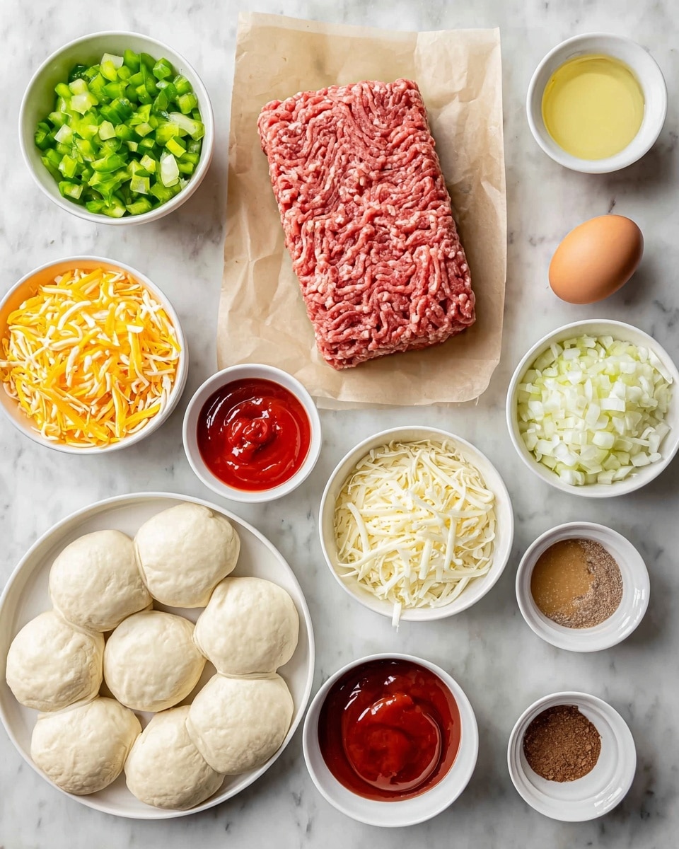 The image shows a top view of ingredients arranged neatly on a white marbled surface. In the center, there is a rectangular block of raw ground meat resting on a piece of brown parchment paper. Around it are small white bowls containing various ingredients: one with diced green bell peppers, another with chopped white onions, one with shredded yellow and white cheese, one with a red sauce, one with ketchup, one with mustard, one with a small red paste, one with brown sugar, one with an egg, and one with melted butter. A white plate holds round dough pieces arranged in a circular pattern. Each ingredient displays clear colors and textures, with the white bowls creating a clean contrast against the marbled background. photo taken with an iphone --ar 4:5 --v 7
