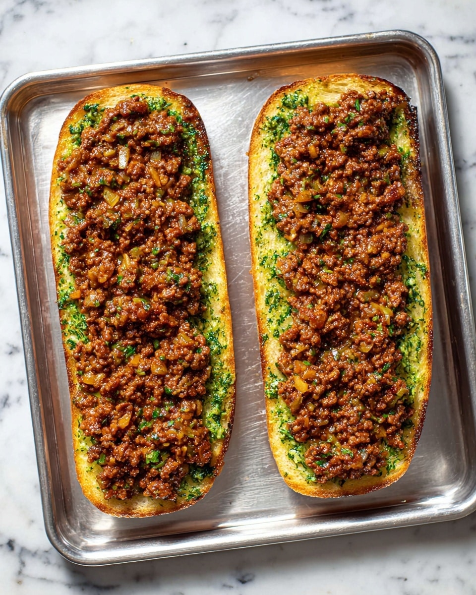 Two long pieces of toasted bread lie side by side on a silver baking tray over a white marbled surface. Each slice has a base layer of green herb spread that looks fresh and slightly chunky, covering the entire surface of the bread. On top of the herb layer, a thick, rich brown meat sauce with visible small pieces of ground meat and diced onions covers each slice almost completely, with a shiny and moist texture. The herbs contrast with the deep, warm color of the sauce, and the toasted bread edges are golden brown. photo taken with an iphone --ar 4:5 --v 7