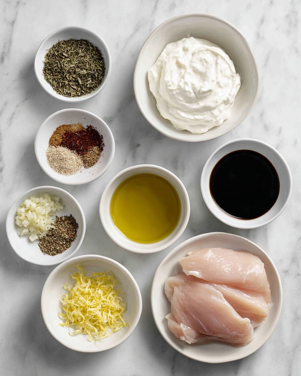 The image shows several small white bowls and plates placed on a white marbled surface, each holding an ingredient. At the bottom right, a white plate has three layers of raw chicken with a pale pink, smooth texture. Above it, there is a small white bowl filled with thick white Greek yogurt. To the right of the yogurt, a small white bowl contains dark brown balsamic vinegar with a smooth surface. Above the vinegar, a white bowl holds golden olive oil with a glossy look. To the left of the olive oil, a white bowl has mixed dry herbs and spices with colors of light beige, green, brown, and red in powder form. On the left side, a small white bowl is filled with finely chopped garlic that looks pale yellow. At the bottom left, a white plate with a small white bowl contains lemon juice, a pale yellow liquid, with lemon zest, a bright yellow, finely shredded layer beside it. The arrangement is neat and clearly labeled. Photo taken with an iphone --ar 4:5 --v 7
