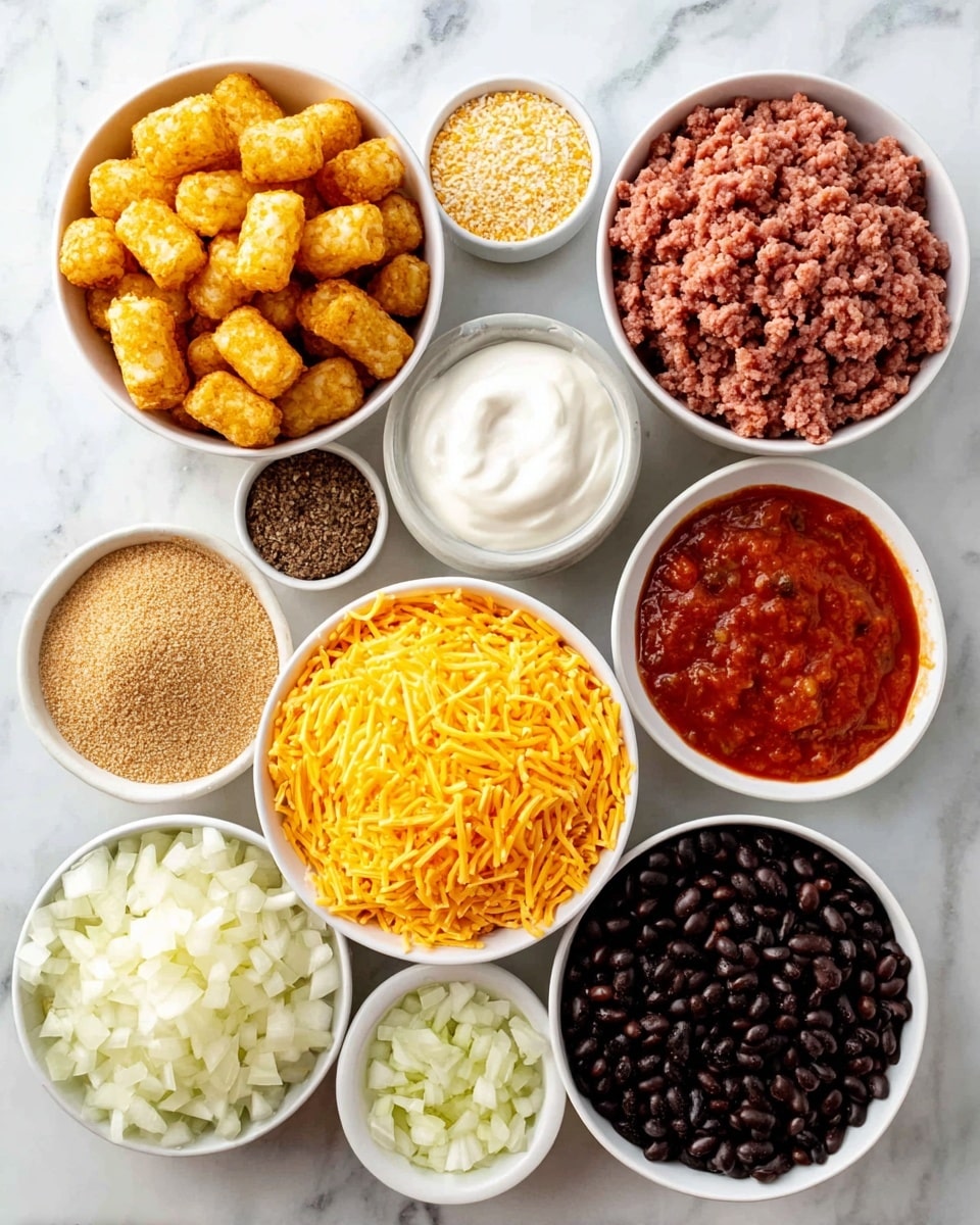 The image shows nine white bowls placed on a white marbled surface, each containing different ingredients arranged in a rough circle. At the center is a larger bowl filled with bright yellow corn kernels, surrounded by shredded orange cheese in a large bowl below it, small golden-brown crisp tater tots in another large bowl to the left, and raw ground meat with a fine, textured surface in a large bowl to the right. Near the top, there’s a bowl of smooth white sour cream, and close to it, a bowl filled with light brown powder or crumbs. There's also a bowl of dark black beans with a shiny surface, a bowl of chopped white onions, small diced pale green garlic in a small bowl, and a bowl of red chunky salsa. The bowls and ingredients are cleanly arranged to show their colors and textures clearly, creating a bright and fresh look. photo taken with an iphone --ar 4:5 --v 7