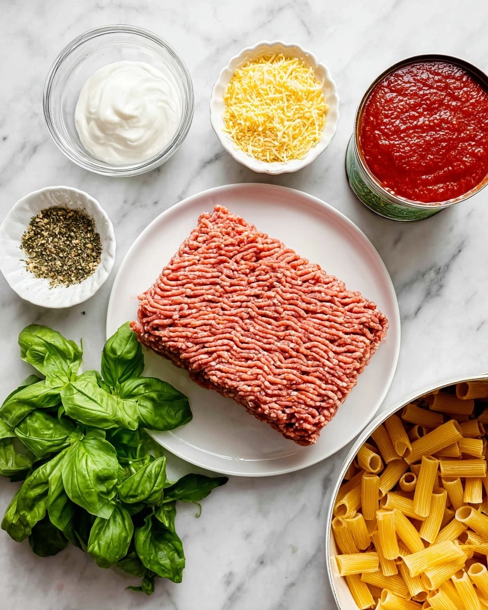 A top view of raw ground meat shaped in a rectangular block on a white round plate, surrounded by a glass bowl with white cream on the top left, a small white bowl with grated yellow cheese and mixed herbs on the top center, a bunch of fresh green basil leaves on the top right, an open can of rich red tomato sauce with the lid resting on the rim on the right side, and a white pot filled with yellow rigatoni pasta at the bottom right, all placed on a white marbled surface photo taken with an iphone --ar 4:5 --v 7