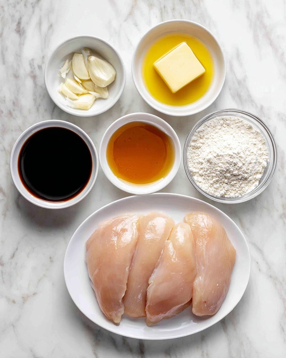 The image shows a white plate at the bottom right with three raw chicken pieces that are pale pink and smooth. Surrounding the plate on a white marbled surface are six small white bowls. The top left bowl has thinly sliced garlic that is light cream with a soft texture. Next to it on the right is a bowl with a yellow square of butter floating in clear olive oil. Below those, there is a bowl with dark brown soy sauce in the center. To the right of the soy sauce is a bowl holding a small amount of white flour with a powdery texture. Below the soy sauce bowl is a bowl with golden honey that looks thick and sticky. At the top right near the flour bowl is a bowl with creamy white liquid, smooth in texture. photo taken with an iphone --ar 4:5 --v 7