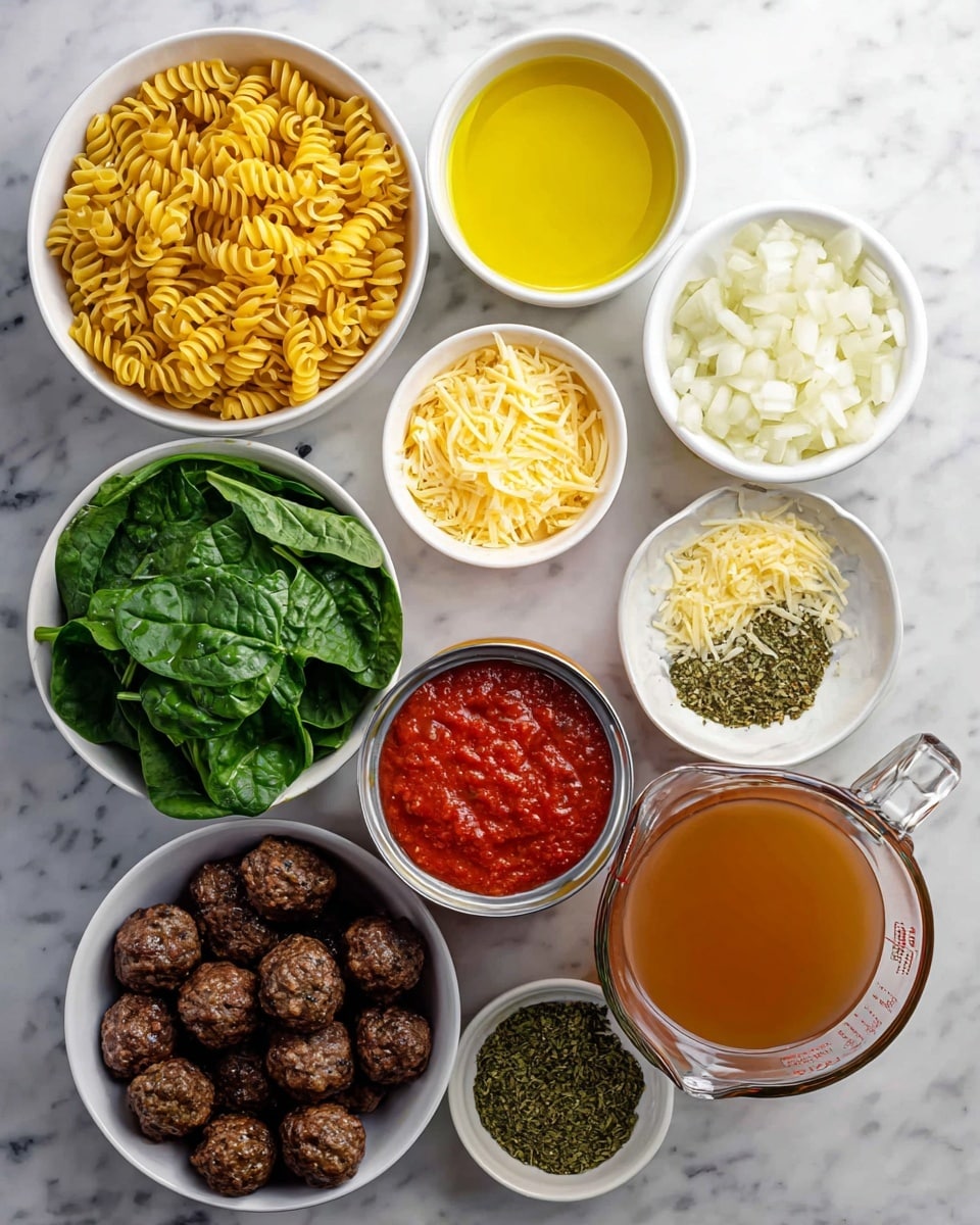 The image shows nine white bowls and a clear glass measuring cup arranged on a white marbled surface. Starting from the top left, there is a small bowl of yellow olive oil, next to it a bowl filled with dry yellow spiral pasta. Below the pasta is a bowl of chopped white onions. To the right of the onions is a small bowl of finely grated yellow cheese, and next to that, another small bowl filled with dried green herbs. Below the herbs is a bowl of fresh dark green spinach leaves. To the left of the spinach is a can filled with red tomato sauce, and below that, a bowl containing small dark brown cooked meatballs. At the bottom right is a glass measuring cup filled with light brown broth. The bright colors and textures contrast with the smooth white marbled surface. photo taken with an iphone --ar 4:5 --v 7