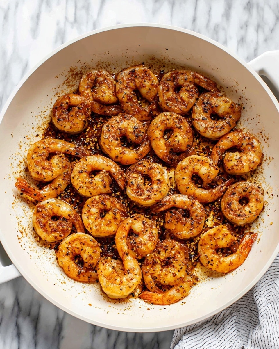A white pan filled with one layer of cooked shrimp, each piece curled and coated with a shiny, reddish-brown spice mix and oil. The shrimp are evenly spread out, with black pepper and seasoning flakes visible on their surface. The pan sits on a white marbled surface, and a white and gray striped cloth is partially visible in the bottom right corner. Photo taken with an iphone --ar 4:5 --v 7