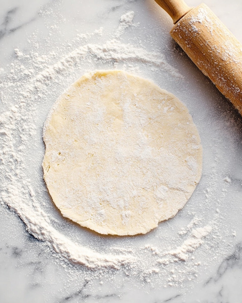 A round piece of light beige dough with a slightly uneven edge lies flat on a white marbled surface dusted with white flour. The dough is thin and covered lightly with flour, showing a soft texture. To the upper right corner, a wooden rolling pin with small patches of flour rests on the surface. Flour is scattered around the dough in a loose circular shape, blending softly with the marble texture. Photo taken with an iphone --ar 4:5 --v 7