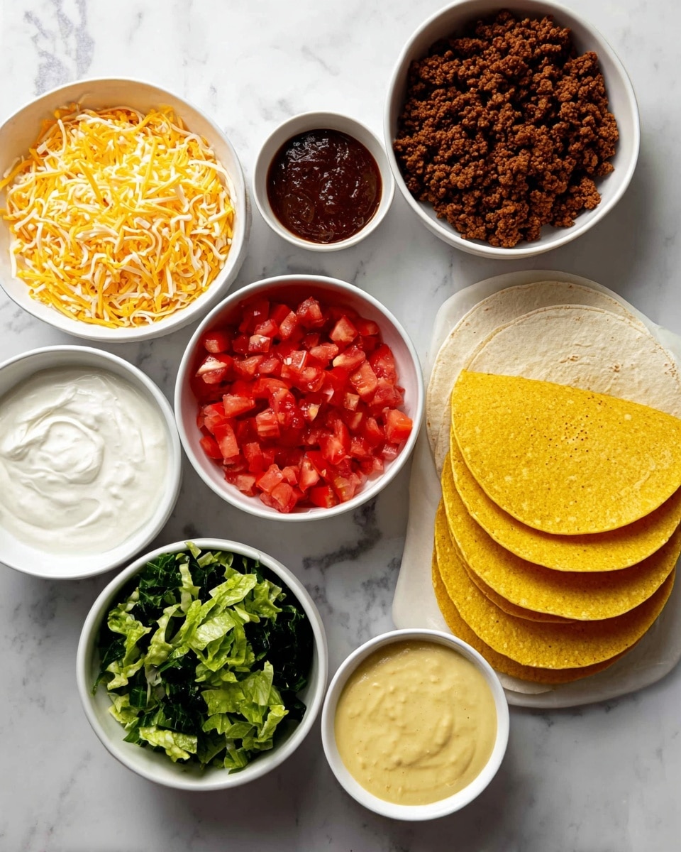 The image shows seven white bowls and plates arranged on a white marbled surface, each holding different taco ingredients. At the bottom right, there is a stack of yellow corn taco shells resting on two white flour tortillas. To the right of the shells, a bowl holds dark brown cooked ground meat with a crumbly texture. Above this, a small bowl contains a dark reddish-brown sauce. Next to it, a bowl is filled with bright red chopped tomatoes with a juicy texture. To the left of the tomatoes, a bowl holds yellow and white shredded cheese with soft and thin strips. Below the cheese, there is a bowl with dark green shredded lettuce that looks fresh and leafy. Near the bottom left, a bowl with smooth white sour cream sits next to a bowl in the center holding thick and creamy yellow cheese sauce with small bits visible inside. The overall placement of the bowls creates a semi-circle around the plate of shells on the white marbled surface. Photo taken with an iphone --ar 4:5 --v 7