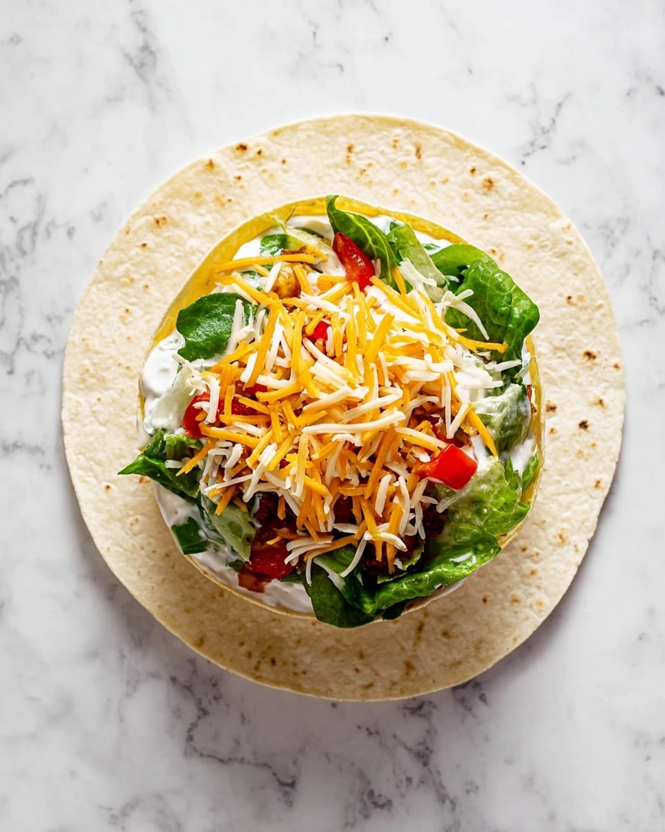 A round yellow corn tortilla bowl sits in the center of a white flour tortilla laid flat on a white marbled surface. The tortilla bowl is filled with several layers: a base layer of white sour cream, topped with fresh green lettuce leaves, then small red tomato pieces, and finally a layer of mixed shredded cheese in white and light orange colors scattered on top. The image is clear, bright, with a clean and fresh look. photo taken with an iphone --ar 4:5 --v 7