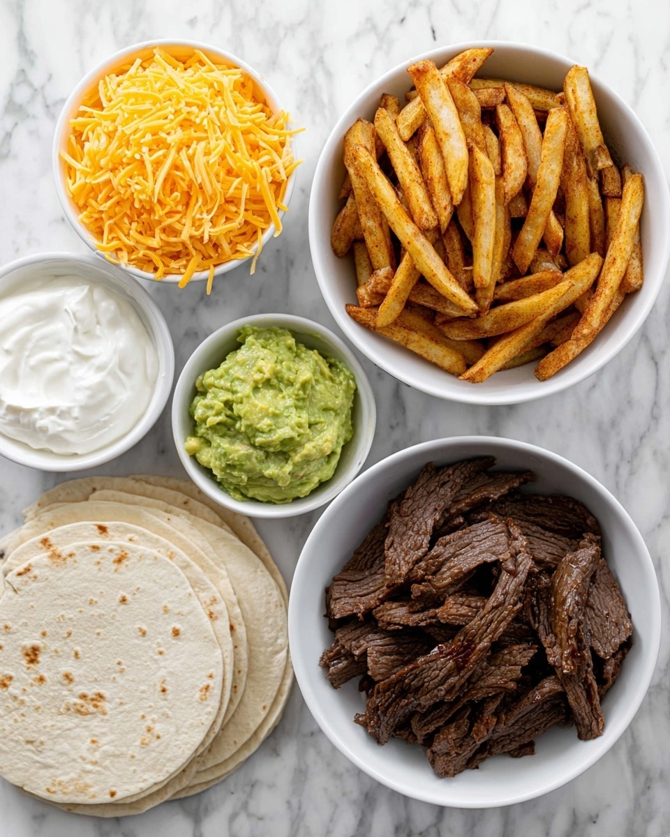 The image shows an arrangement of food items on a white marbled surface, featuring soft white tortillas stacked on the lower left. To the right, there is a white bowl filled with cooked, thin slices of dark brown seasoned beef. Above this bowl, three small white bowls hold different toppings: one with bright orange shredded cheese, one with creamy white sour cream, and one with smooth, green guacamole. To the left of these small bowls, there is another white bowl filled with golden-brown seasoned fries. The overall layout displays the ingredients separately and clearly. Photo taken with an iphone --ar 4:5 --v 7