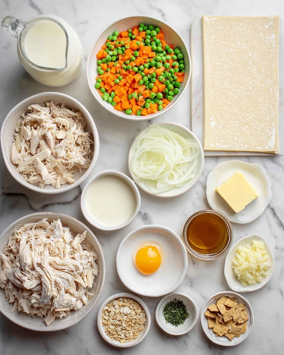 The image shows several white bowls and small plates arranged on a white marbled surface, each containing different ingredients. There is one large white bowl filled with shredded light beige cooked chicken. Next to it is another large white bowl with diced orange carrots and green peas mixed together. A third large white bowl holds thinly sliced white onions loosely piled. Smaller plates and bowls surround these, including one with a single raw egg with a bright yellow yolk, another with a square piece of pale yellow butter, and a small bowl with finely chopped light yellow garlic and green dried herbs divided in half. A small white bowl holds a light cream-colored liquid, and another plate contains light brown crushed crackers or crumbs. There is a glass pitcher filled with white milk and a jar of brown broth or sauce placed nearby. A rectangular sheet of nude-toned dough lies flat on the surface, dusted with flour. Photo taken with an iphone --ar 4:5 --v 7