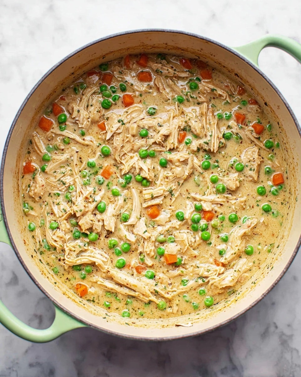 A round light green pot filled with a creamy dish consisting of shredded chicken pieces in light beige sauce, mixed with bright green peas and small orange carrot cubes scattered evenly throughout. The chicken has a slightly browned texture along the edges, and the creamy sauce has a smooth yet lightly speckled appearance. The pot is resting on a white marbled surface. photo taken with an iphone --ar 4:5 --v 7