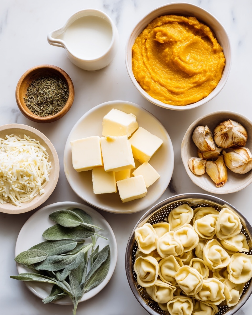 A top view of several small white bowls and a colander arranged on a white marbled surface, each filled with different ingredients for a meal. The colander on the right holds pale yellow tortellini pasta with a soft texture. Above it, a white bowl contains bright orange pumpkin puree with a smooth, thick layer. To the left of the pumpkin, a small wooden bowl has greenish dried herbs with a fine texture. A cup filled with white half & half cream sits on the top left. Below, a white bowl is filled with shredded white Parmesan cheese. Next to it is a white plate with several yellow cubes of butter. A small white bowl on the bottom left is filled with fresh green sage leaves, smooth and oval-shaped. At the top right corner, a small white bowl holds golden brown roasted garlic with a chunky texture. Everything is set on a white marbled background photo taken with an iphone --ar 4:5 --v 7
