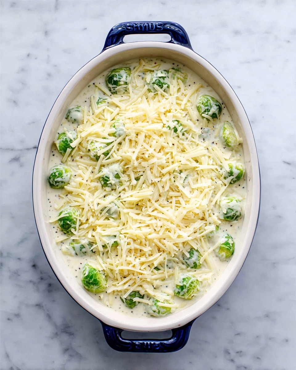 This image shows an oval white baking dish with dark blue handles placed on a white marbled surface. Inside the dish, on the bottom layer, there are small green Brussels sprouts scattered evenly. They are covered by a creamy white sauce with visible black pepper flakes mixed throughout. On top of this layer, there is a generous sprinkling of shredded pale yellow cheese spread evenly across the surface. The overall texture looks smooth and creamy with the Brussels sprouts peeking through and the cheese adding a slightly textured top layer. photo taken with an iphone --ar 4:5 --v 7