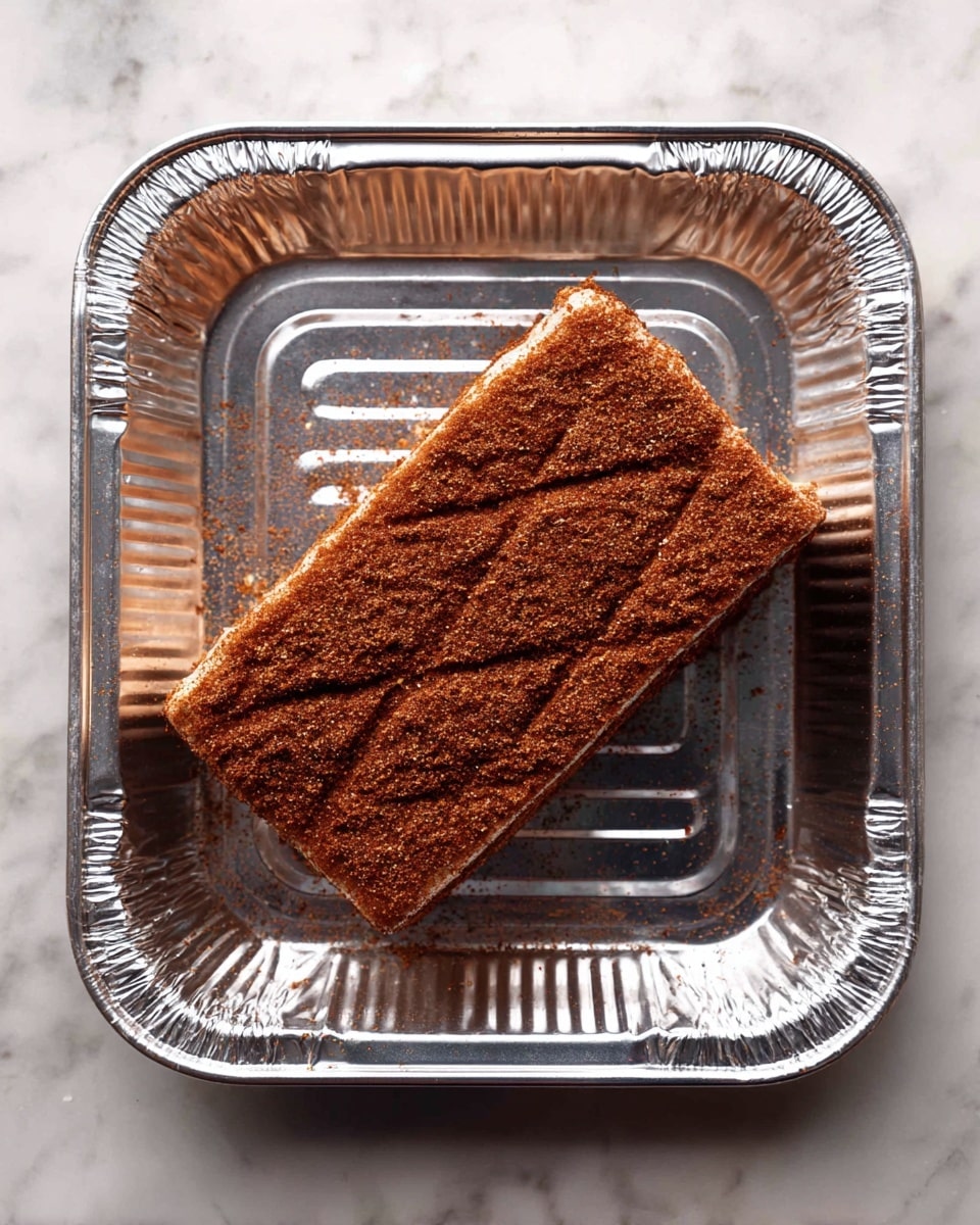A small rectangular piece of raw salmon lies in the center of a silver tray. The salmon is covered fully with a dark reddish brown spice rub, giving it a rough textured look. The top of the salmon is scored with shallow diagonal cuts forming a diamond pattern. The tray is shiny and metallic with ridged sides and rests on a white marbled surface. Photo taken with an iphone --ar 4:5 --v 7