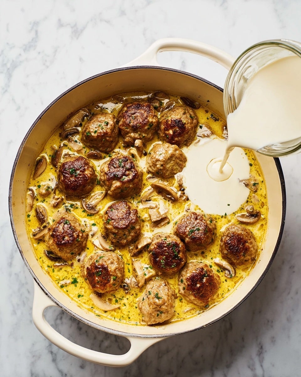 A round white pot with two handles contains about fifteen cooked meatballs with a browned outside, sitting in a creamy yellow sauce with visible herbs and sliced mushrooms. On the right side of the pot, white creamy liquid is being poured from a small glass jar, pooling in the sauce. The pot is placed on a white marbled surface with subtle gray veins. The meatballs are spread evenly throughout the pot with the sauce surrounding and partially covering them. Photo taken with an iphone --ar 4:5 --v 7
