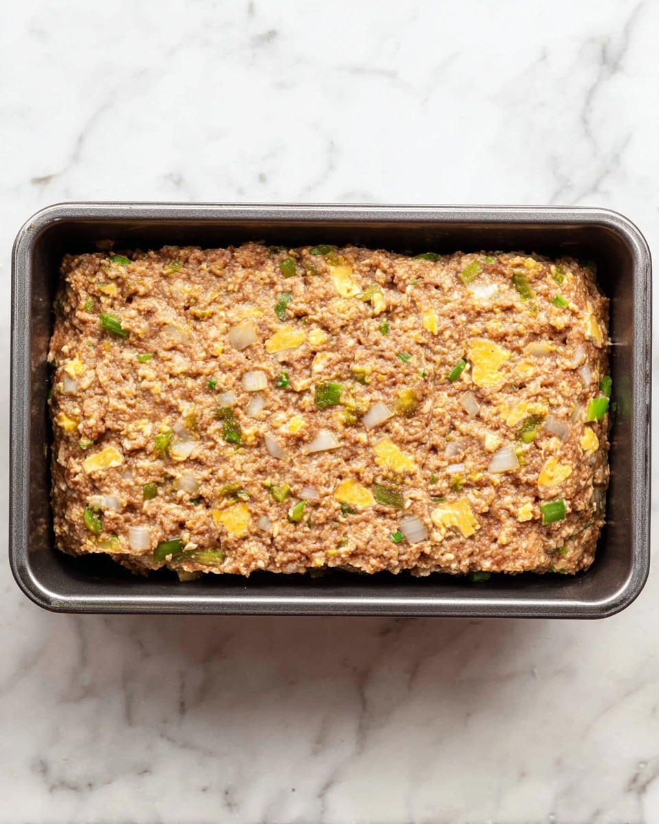 A rectangular loaf pan filled with an uncooked meatloaf mixture showing a rough top surface. The mixture is light brown with visible small chunks of yellow cheese, green vegetable bits, and diced white onions distributed evenly through the meat. The pan is dark gray, sitting on a white marbled surface. The texture looks moist and dense with some small uneven bumps across the top. Photo taken with an iphone --ar 4:5 --v 7
