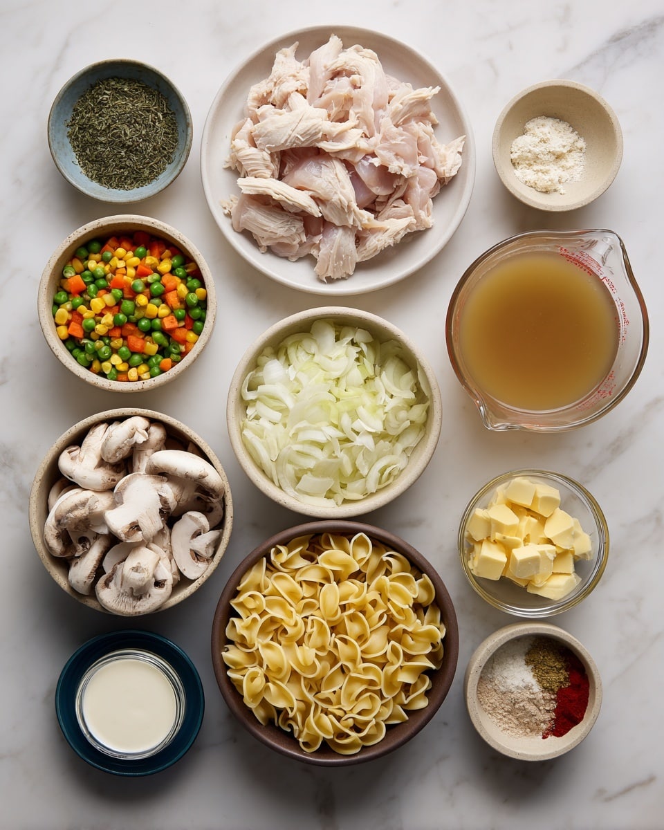 The image shows a white marbled surface with multiple bowls arranged neatly, each containing different cooking ingredients. Starting from the top left, there is a small bowl of green dried herbs. Next, a white plate with raw sliced chicken pieces, light pink in color. Above this plate, a medium-sized beige bowl filled with frozen mixed vegetables showing green peas, orange carrots, and corn. Adjacent to this, a small white bowl with bright red chopped pimentos. To the right, a clear glass measuring cup holding light brown broth. Below the pimentos, a beige bowl with roughly chopped white onions. Just below the broth, a tiny white bowl with minced garlic, yellowish in color. Next to this, a small beige bowl with light yellow butter chunks. Below the onions, a small glass jar filled with white cream. Under the cream and mixed veggies, a large dark blue bowl containing uncooked pale yellow pasta curls or noodles. Next to the chicken plate, a large brown bowl filled with sliced mushrooms showing white and light brown caps. Finally, three tiny bowls at the bottom; the leftmost one holds yellow onion powder, the center one is filled with white flour, and the rightmost has a brownish garlic powder. The setup feels bright, clean, and organized. Photo taken with an iphone --ar 4:5 --v 7
