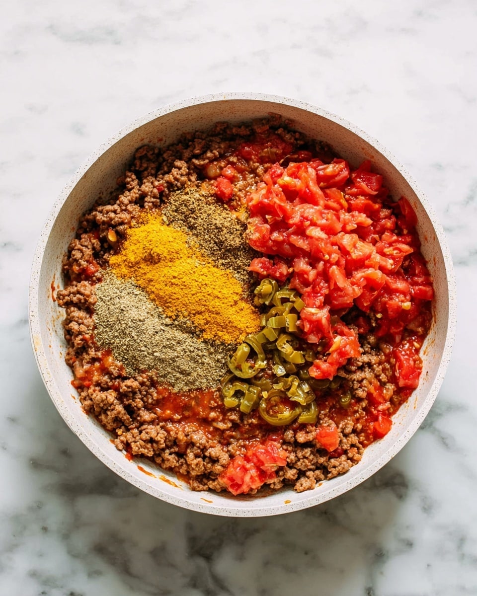 A white round pan is filled with cooked ground meat that covers the whole bottom in one layer. On the right side, there is a pile of chopped red tomatoes mixed with small pieces of green jalapeño peppers, creating a fresh and wet texture. On top of the ground meat, there are three piles of yellow and brown powdered spices placed near the center and left side of the pan, showing a rough grainy texture. The pan sits on a white marbled surface. photo taken with an iphone --ar 4:5 --v 7