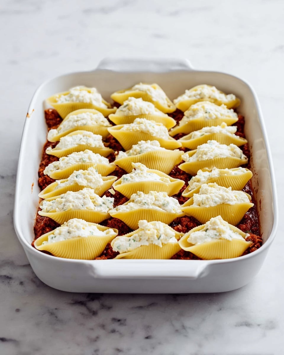A white rectangular baking dish holds two visible layers. The bottom layer is made of rich, dark red meat sauce spread evenly across the dish. On top, there is a neat arrangement of large, yellow pasta shells, each filled generously with a smooth, white cheese mixture with a slightly soft texture. The shells are placed close together in rows filling the entire dish on a white marbled surface. photo taken with an iphone --ar 4:5 --v 7