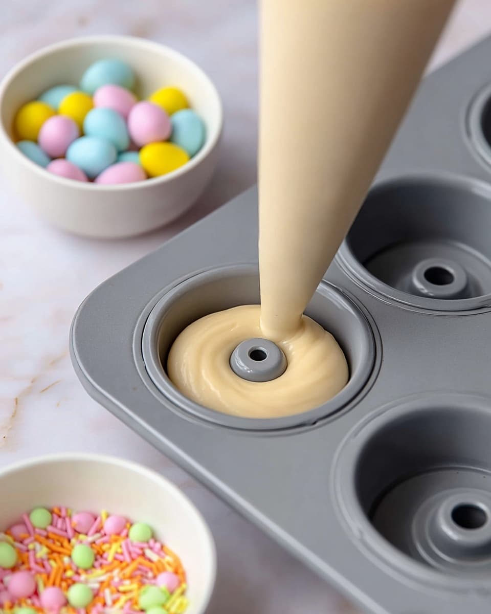 A close-up view of a gray donut baking tray with round molds, each mold having a raised center. One mold is being filled with smooth, creamy light beige batter from a piping bag, the batter forming an even layer around the center. In the soft-focus background, a white bowl holds an assortment of small candy eggs in pastel colors like yellow, blue, and pink, and another white bowl at the lower edge shows colorful sprinkles in bright green, orange, pink, and yellow. All items sit on a surface with a white marbled texture. photo taken with an iphone --ar 4:5 --v 7