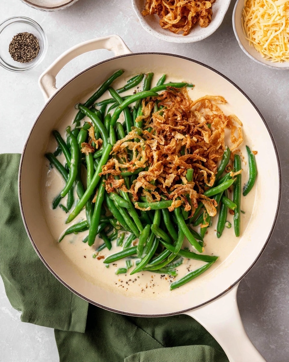 A white skillet with a creamy white sauce at the base holds a mix of bright green steamed green beans layered on top, along with golden-brown crispy fried onions scattered on one side. Around the skillet, a green cloth napkin is placed on a white marbled surface, with a small clear bowl of black pepper below it, and a white bowl filled with crispy brown fried onions on the top left edge. Another white bowl with cheese shreds is partially visible at the top right. Photo taken with an iphone --ar 4:5 --v 7
