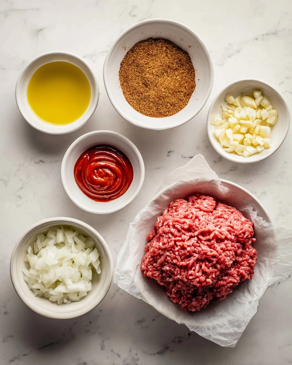 The image shows six white bowls and a piece of raw ground beef on parchment paper arranged on a white marbled surface. At the top center, a bowl filled with brown taco seasoning with a fine, grainy texture is placed. To the left, there is a bowl of bright yellow olive oil with a smooth, oily surface. To the right of the taco seasoning, a bowl holds chopped garlic, small off-white pieces with a slightly rough texture. Below the taco seasoning is a bowl with red tomato paste formed into a small spiral with a thick and smooth texture. At the bottom left, a larger bowl is filled with chopped white onions, having a slightly translucent, crunchy appearance. The raw ground beef occupies the lower right part on white parchment paper, showing a rough, moist, and tightly packed texture. The scene is well lit with natural light. photo taken with an iphone --ar 4:5 --v 7