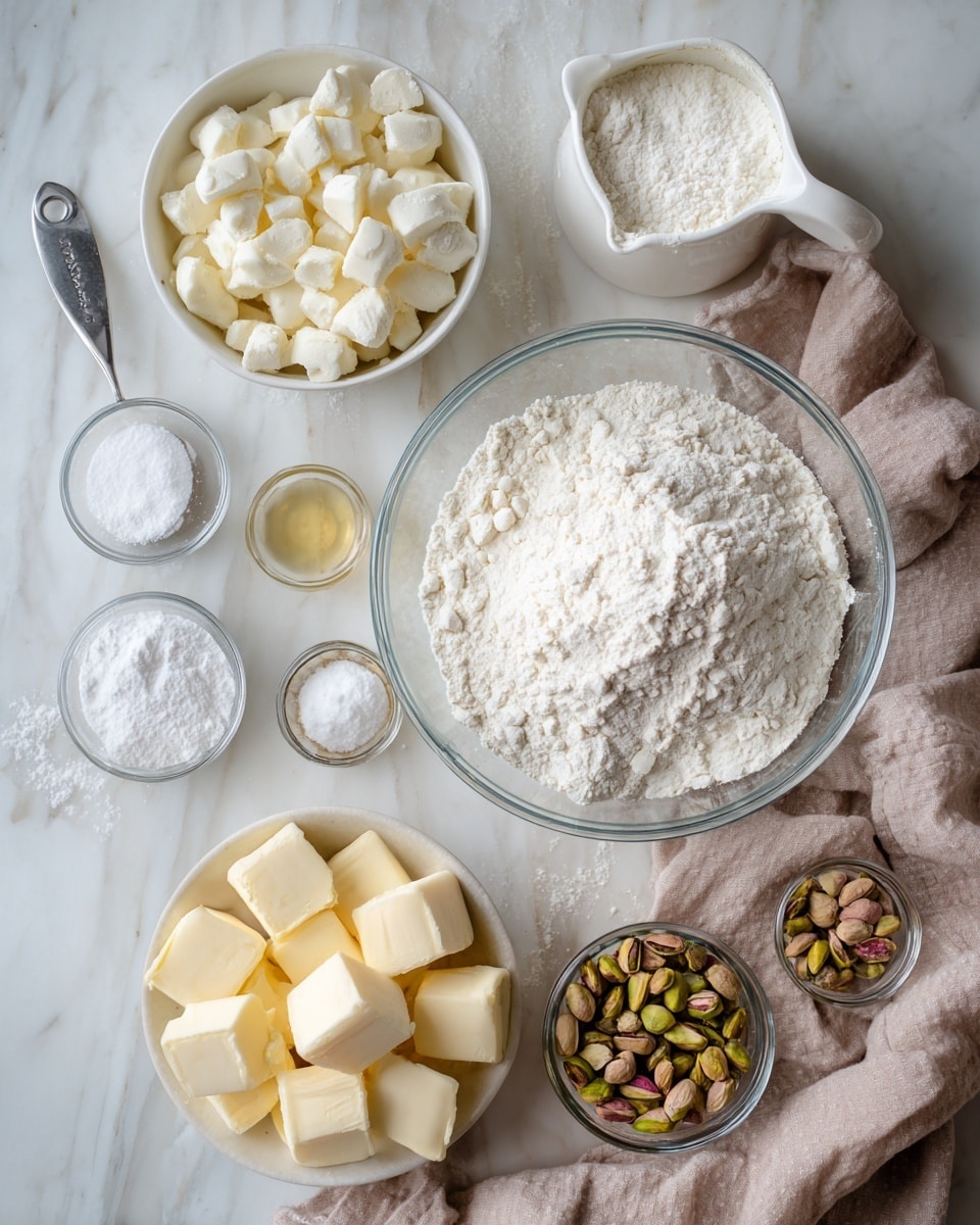 The image shows several small white bowls and measuring cups with baking ingredients arranged on a white marbled surface. There is a large clear glass bowl filled with white flour in the center. Above it, a white measuring cup holds more flour. To the left, a small white bowl is filled with white chocolate chunks, and below it, a larger white bowl contains cubed butter pieces. A small glass bowl with vanilla extract is next to the butter. A small metal measuring cup on the left holds powdered sugar, and next to it is a small glass bowl with salt. At the bottom right, another small glass bowl holds shelled pistachios. A soft beige cloth lies under and around some of the bowls. The photo taken with an iphone --ar 4:5 --v 7