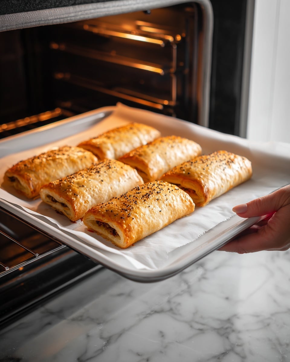 The image shows four golden-yellow rolls with sprinkled black seeds on top, placed on white parchment paper inside a metal baking tray. The tray is being held by a woman's hand as it slides into a silver oven. The inside of the oven has a dark metallic look, contrasting against the bright white marbled surface outside. photo taken with an iphone --ar 4:5 --v 7