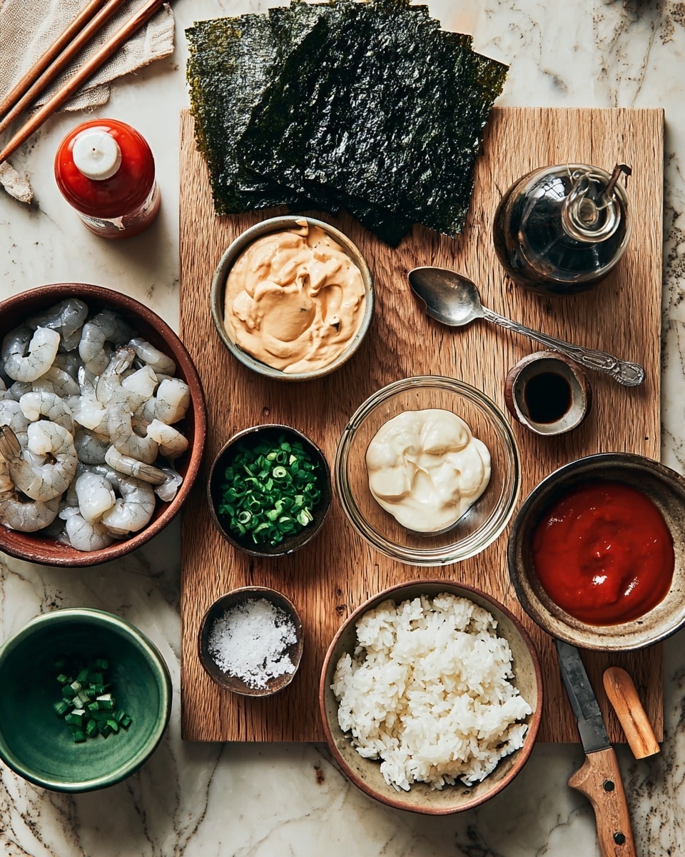 The image shows a wooden board with several bowls and plates of ingredients for sushi. On the top left, there is a stack of dark green seaweed sheets next to a small round bowl filled with creamy orange sauce. Below that, a clear glass bowl holds a smooth white sauce with a spoon inside. To the right of these, there is a small bottle of dark soy sauce with a glass cap nearby. A small brown bowl contains chopped green chives. On the bottom left side, a black bowl holds coarse salt next to a terracotta bowl filled with raw shrimp pieces, some whole and some chopped, along with a knife with a wooden handle resting on the bowl’s edge. A beige bowl on the right side is filled with cooked white rice. There is a small green bowl with red sauce and a spoon next to a bottle of bright red hot sauce. Two wooden chopsticks rest on the board near the rice bowl. The whole setup is on a white marbled textured surface. photo taken with an iphone --ar 4:5 --v 7