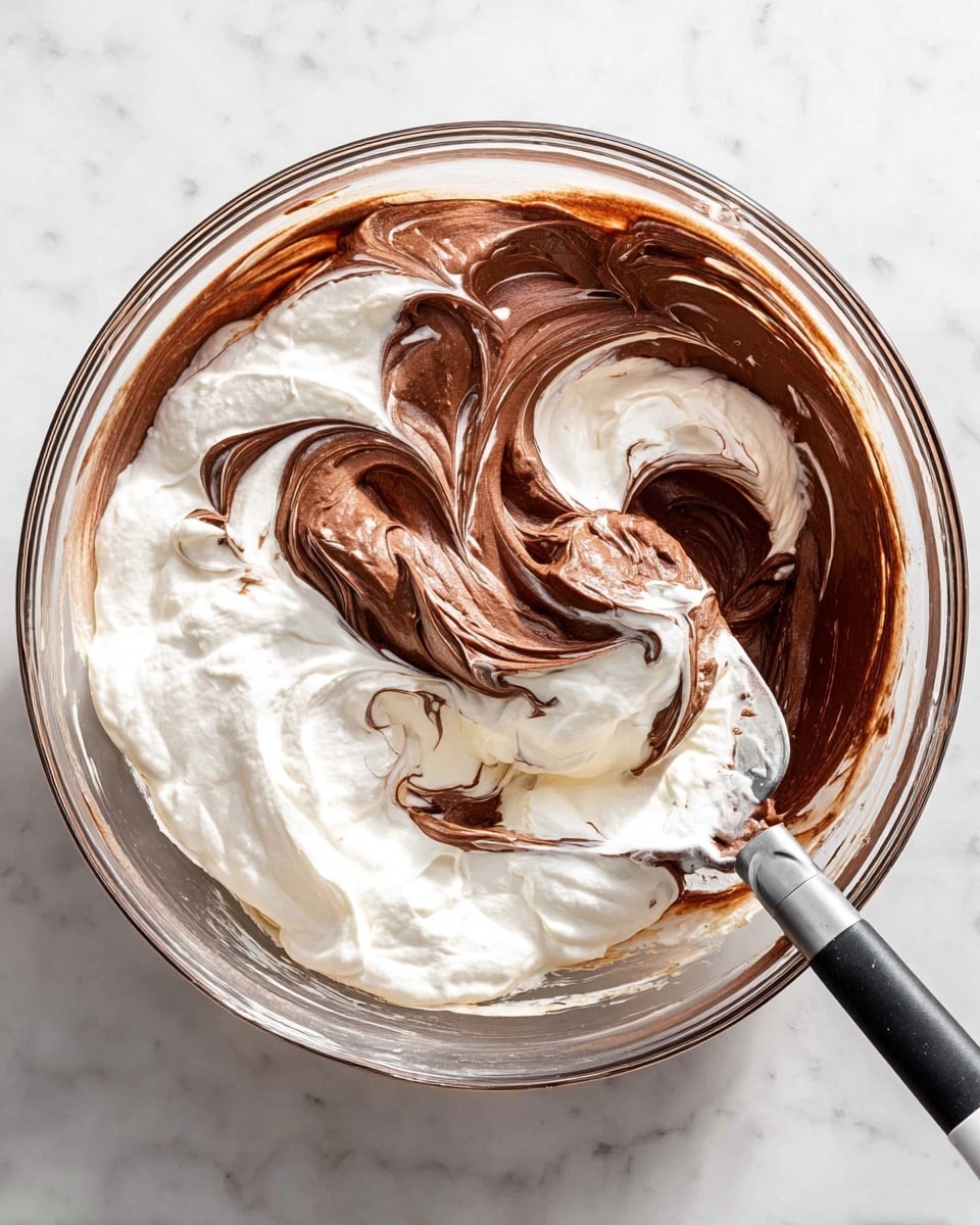 In a clear glass bowl, there is a mix of two layers swirling together: a smooth dark brown chocolate layer and a fluffy white cream layer. The chocolate forms thick, rich waves that are being folded with the light, airy cream, creating a marbled effect with soft curves and texture contrast. A black and silver spatula is partially submerged on the right side, blending the layers gently. The bowl sits on a white marbled surface. photo taken with an iphone --ar 4:5 --v 7