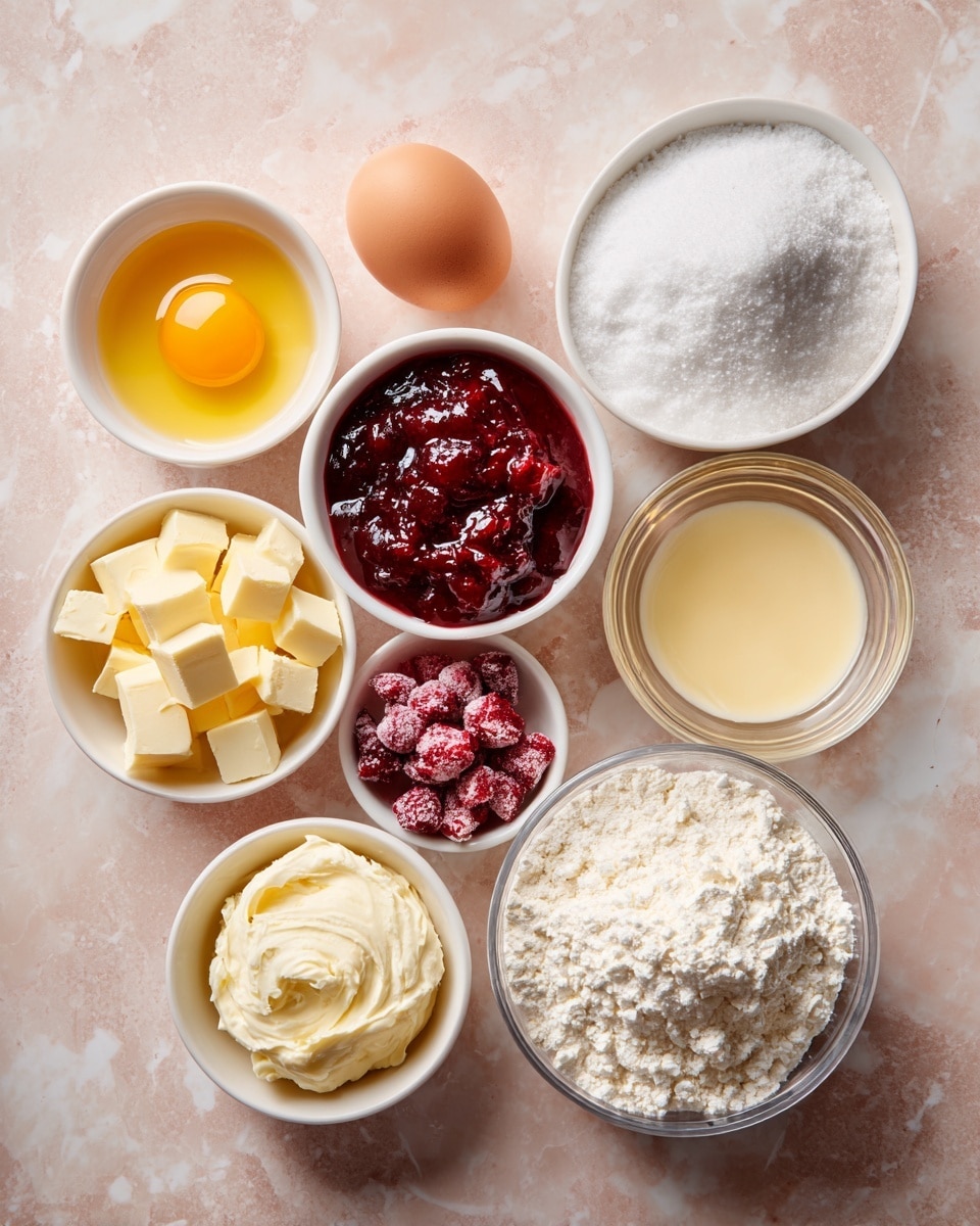 The image shows several small white bowls arranged on a light pink marbled surface, each containing different ingredients for a recipe. Starting from the top left, there is a bowl with one bright yellow egg yolk, next to it a bowl filled with dark red strawberry jam that has a shiny texture. To the right, a bowl with light golden vanilla liquid sits near a white bowl filled with a mound of white powdered sugar. Below, there is a white bowl of soft cream cheese with a smooth, thick texture, surrounded by another bowl of small deep red freeze-dried strawberries with a rough texture. A bowl of cubed light yellow butter is placed on the left side and at the bottom right, a larger transparent bowl is filled with finely ground white flour. The whole scene is bright and clean. Photo taken with an iphone --ar 4:5 --v 7