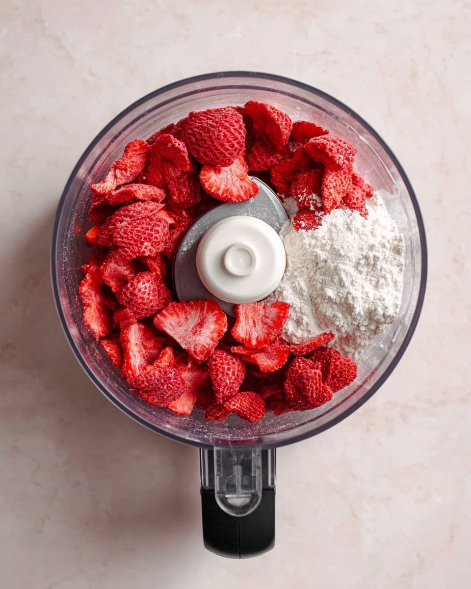 A clear food processor bowl is filled with a mix of bright red, dried strawberry slices layered on top of a white powdery substance, likely flour, with the white plastic blade in the center. The strawberries are unevenly shaped, showing their textured surface and seeds clearly. The view is from above, showing the black base and handle of the processor against a white marbled textured surface. The processor's clear lid is partially visible at the bottom right corner. Photo taken with an iphone --ar 4:5 --v 7