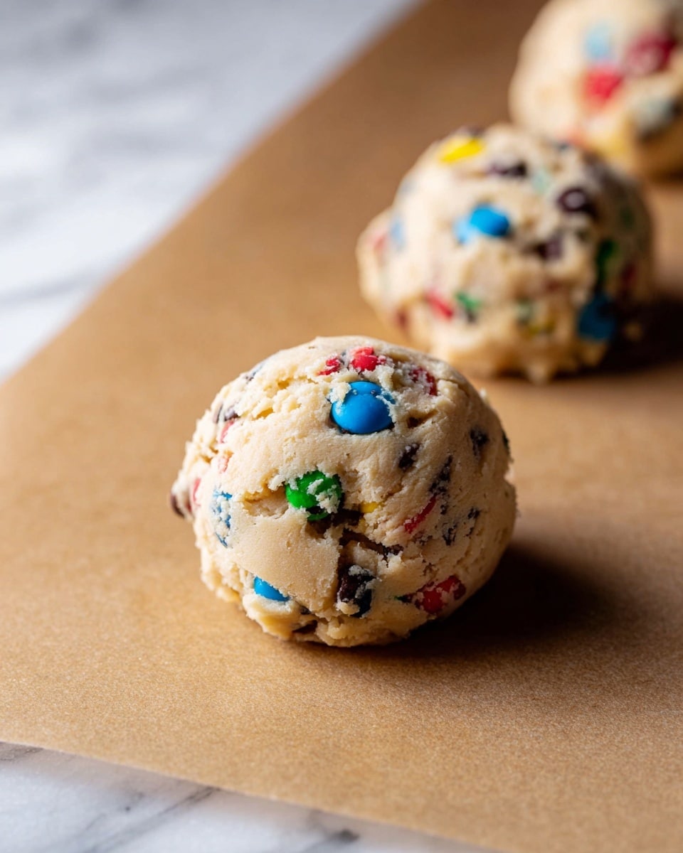 The image shows three round scoops of cookie dough placed on a brown parchment paper that covers a white marbled surface. The dough is light beige with colorful candy pieces in red, blue, green, and yellow scattered throughout each scoop. The texture looks soft and slightly chunky due to small chocolate chips and candies mixed in. The focus is on the scoop in the middle, which is sharp and detailed, while the other two scoops are slightly blurred, one in the background and one close to the bottom right corner. Photo taken with an iphone --ar 4:5 --v 7