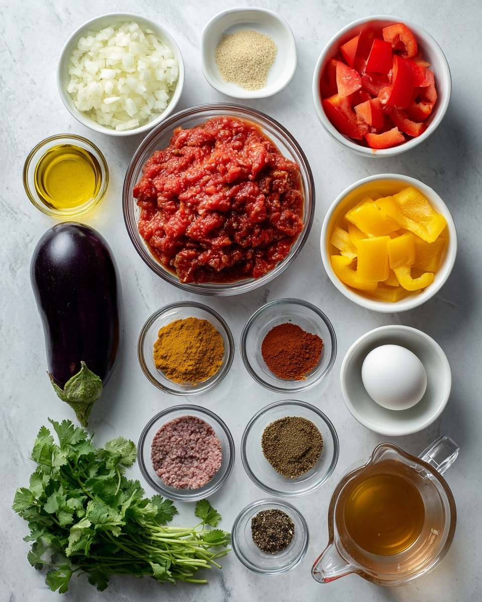 The image shows a white marbled background with various cooking ingredients neatly arranged and labeled. At the center is a large clear bowl filled with bright red crushed tomatoes. Above it, two smaller white bowls hold finely chopped white onion on the left and yellow bell pepper on the right, with red bell pepper in a similar bowl just below the yellow one. To the left of the onion bowl is a small glass bowl of golden olive oil, with a whole dark purple eggplant placed diagonally below it. Below the crushed tomatoes, smaller glass bowls contain reddish Hungarian paprika, yellow turmeric, brown cumin, light brown cinnamon, and a mix of pink salt and black pepper labeled