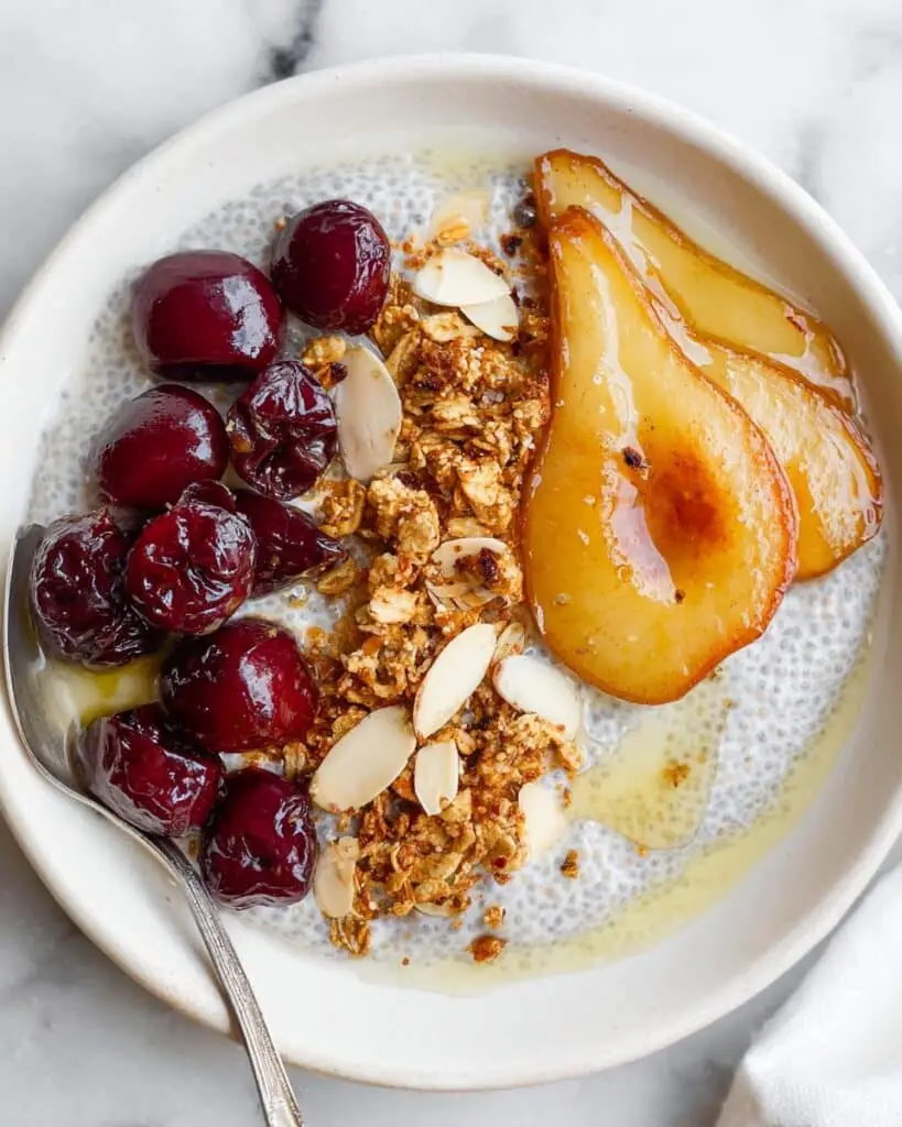 Chia Yogurt Bowl with Cherries, Pears, and Almonds Recipe