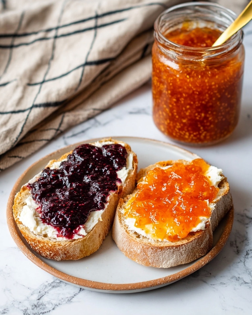Two slices of rustic bread are placed side by side on a white plate with a light brown rim, sitting on a white marbled surface. Each slice has a thick first layer of creamy white spread evenly covering the surface of the bread. The left slice is topped with a thick layer of dark purple jam that has a glossy, slightly textured look. The right slice is topped with a chunky orange jam that looks shiny and has visible small seeds. Behind the plate, there is a glass jar filled with the same orange jam with a gold spoon inside. A beige cloth with black stripes is casually placed in the background. photo taken with an iphone --ar 4:5 --v 7