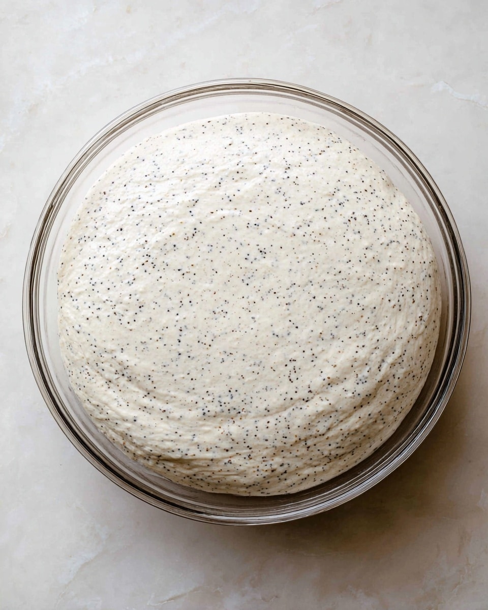 A clear glass bowl filled with a large, thick layer of white dough that has tiny black seeds sprinkled evenly throughout. The dough looks smooth and soft, slightly raised and filling the bowl almost to the top. The bowl is placed on a white marbled surface. photo taken with an iphone --ar 4:5 --v 7