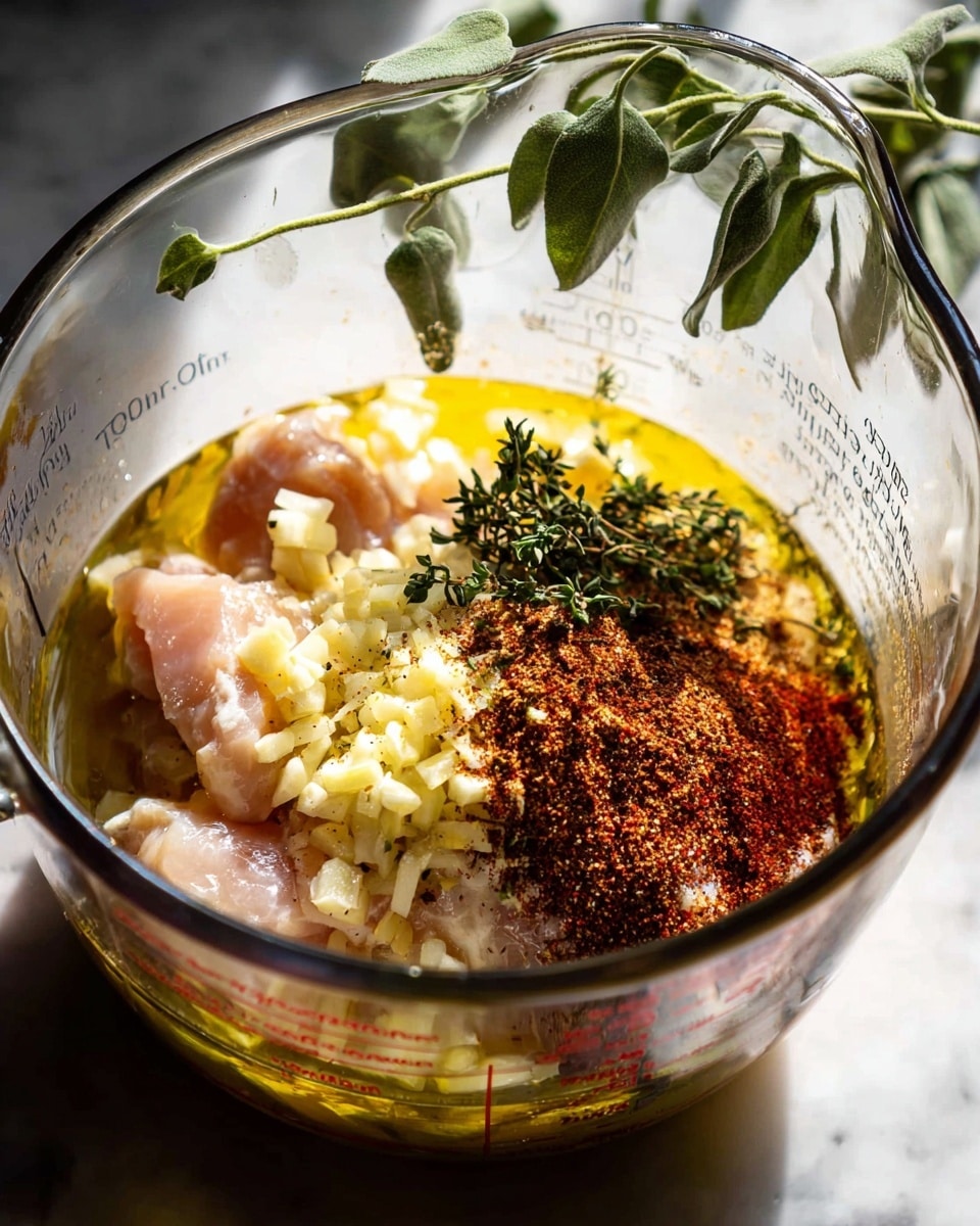 A clear glass measuring cup filled with several layers of ingredients, starting with a yellow oily liquid at the bottom, followed by chunks of light pink raw chicken pieces, topped with a layer of small light yellow chopped garlic, fresh green thyme sprigs scattered over, and a layer of red and brown ground spices on one side. The measuring cup is on a white marbled surface with some green herb leaves hanging above the rim of the cup. Photo taken with an iphone --ar 4:5 --v 7
