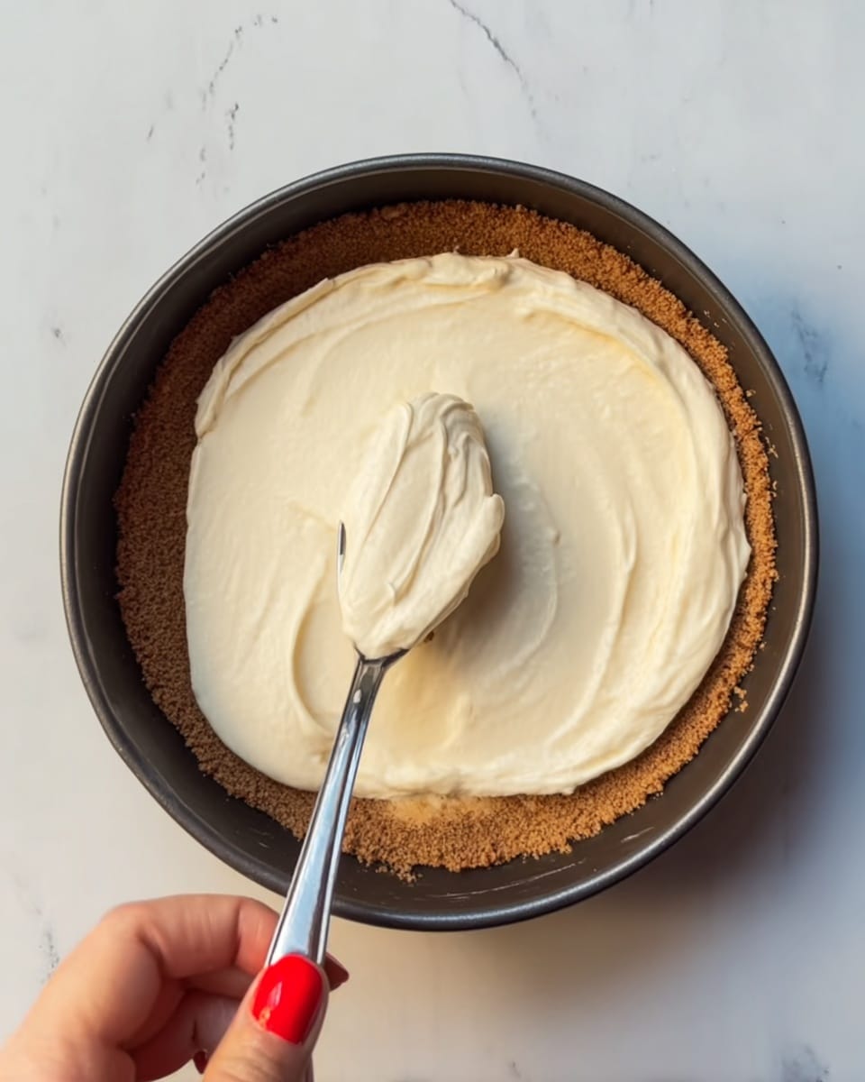 A round dark pan holds two layers: the bottom layer is a crumbly, textured brown crust that covers the entire base, while the top layer is a smooth, creamy white mixture being spread evenly with a silver spoon. A woman's hand with red-painted nails holds the spoon, smoothing the cream layer in circular motions. The background is a white marbled surface. Photo taken with an iphone --ar 4:5 --v 7