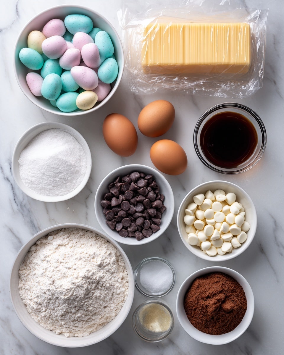 A flat lay of baking ingredients arranged neatly on a white marbled surface, including a white bowl filled with pastel-colored Cadbury eggs at the top left, a rectangular wrapped block of golden brown butter placed below it, and two brown eggs positioned next to the butter. To the right of the butter, there is a small clear glass bowl of dark vanilla extract. Below the vanilla extract are two white bowls—one filled with white sugar and another with dark brown sugar with a crumbly texture. Next to the brown sugar is a white bowl filled with dark chocolate chips, and beside that is another white bowl with white chocolate chips. At the bottom, there is a speckled white bowl overflowing with all-purpose flour and a clear bowl containing white baking powder, baking soda, and salt powders. Each ingredient is labeled with white text on black backgrounds. The photo taken with an iphone --ar 4:5 --v 7