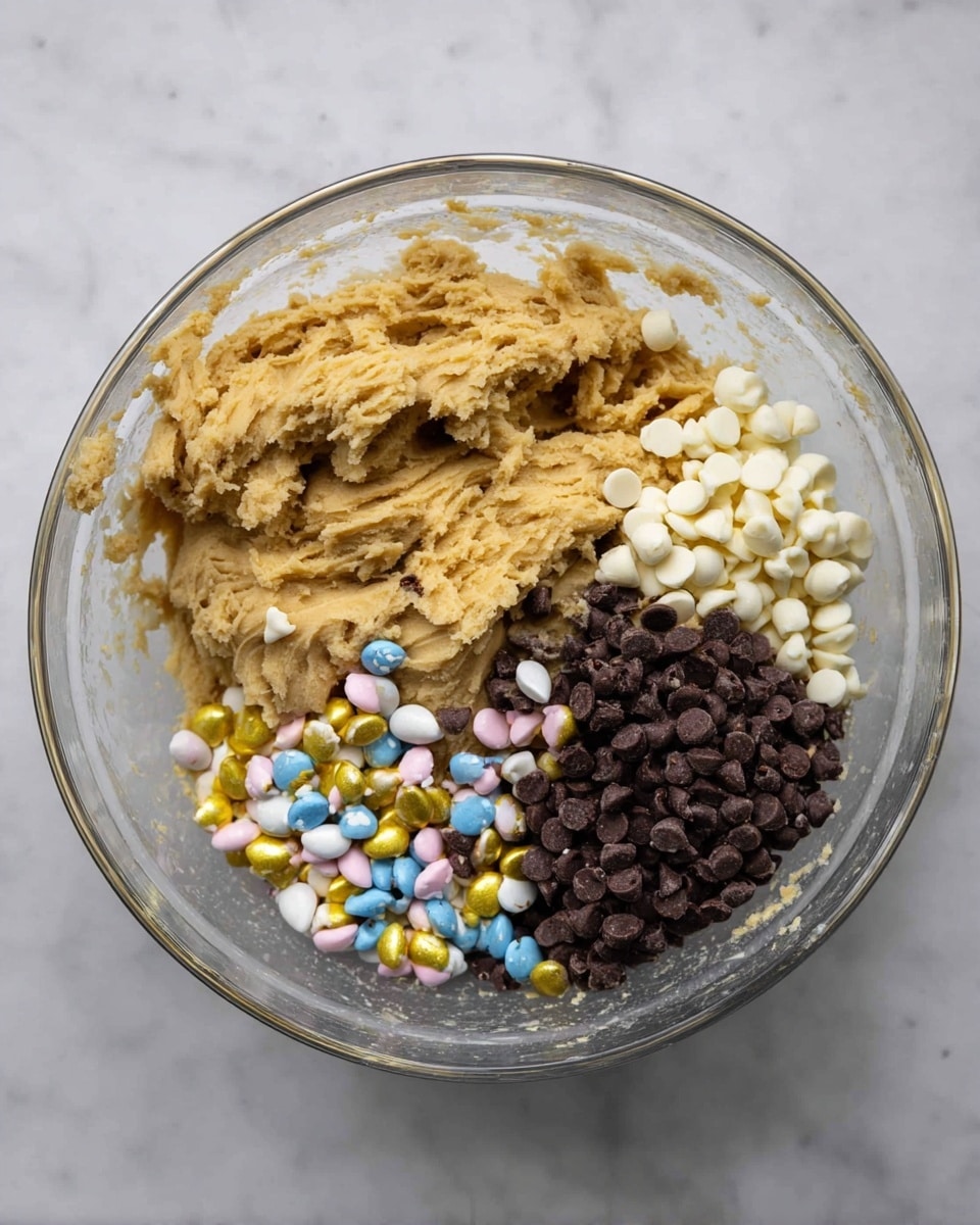 A clear glass bowl sits on a white marbled surface. Inside the bowl, on the left side, there is a thick, creamy, light brown dough with a soft texture. On the right side, there are three layers of toppings: at the bottom are small, shiny, broken chocolate candy pieces with pastel-colored shells in yellow, blue, and pink; above them are dark chocolate chips; and on the top layer, white chocolate chips cover the surface. The layers are neatly placed side by side, not mixed yet. Photo taken with an iphone --ar 4:5 --v 7