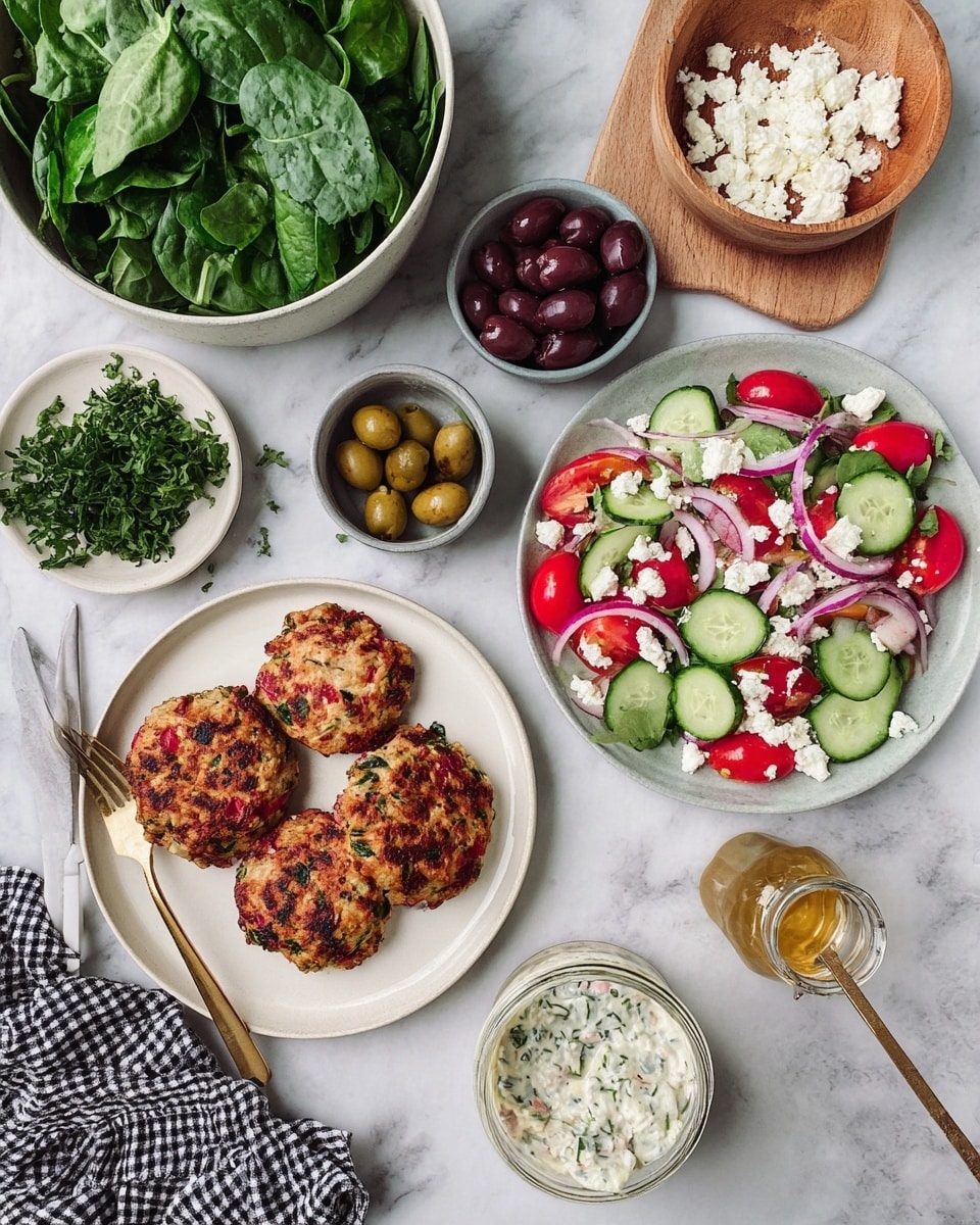 The image shows a white plate with four browned, round patties that have red bits inside, placed on a white marbled surface. To the right is a round white plate with a bright salad made up of sliced green cucumbers, red tomato wedges, thin purple onion slices, and white crumbled cheese spread on top. Above the salad is a small wooden bowl with white crumbled cheese, next to fresh green herbs. On the left side is a large white bowl filled with mixed green leaves including spinach and other leafy greens. Near it are two small bowls, one with dark purple olives and the other with green capers, each with a silver spoon. Below the salad bowl is a small bowl with a creamy white sauce mixed with green herbs and a wooden spoon inside. A small glass jar of light brown liquid with a silver spoon is near the sauce bowl. A black and white checkered napkin and a gold-handled utensil sit to the left, all placed on a white marbled surface. Photo taken with an iphone --ar 4:5 --v 7