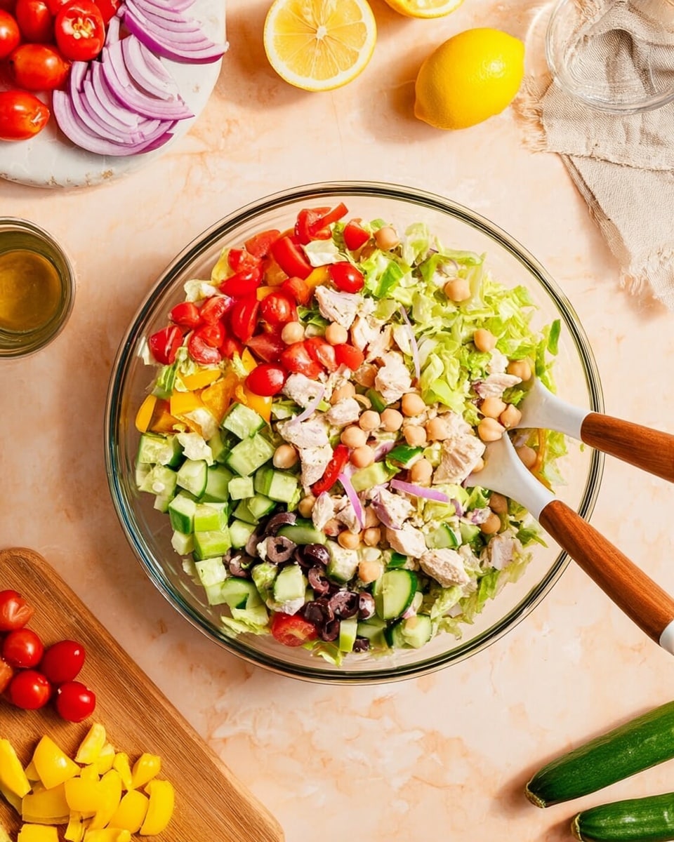 A clear glass bowl filled with a vibrant mixed salad showing three main layers: a base of shredded green lettuce with a crisp texture, a middle layer of chopped cucumbers and tomatoes adding fresh green and red pops, and a top layer with chunks of white chicken, beige chickpeas, yellow pepper rings, and small pieces of dark olives scattered throughout. Two wooden salad servers with white handles rest inside the bowl. The bowl is placed on a light peach surface with a white marbled texture visible at the edges, surrounded by half and whole lemons, a cucumber partially sliced, and some chopped vegetable pieces. In the top left corner, a wooden chopping board holds halves of red onion, cherry tomatoes, and a red bell pepper. A small glass with dressing and a spoon are also seen on the left side of the frame. A woman’s hand is not visible in this image but would typically be holding the salad servers. photo taken with an iphone --ar 4:5 --v 7